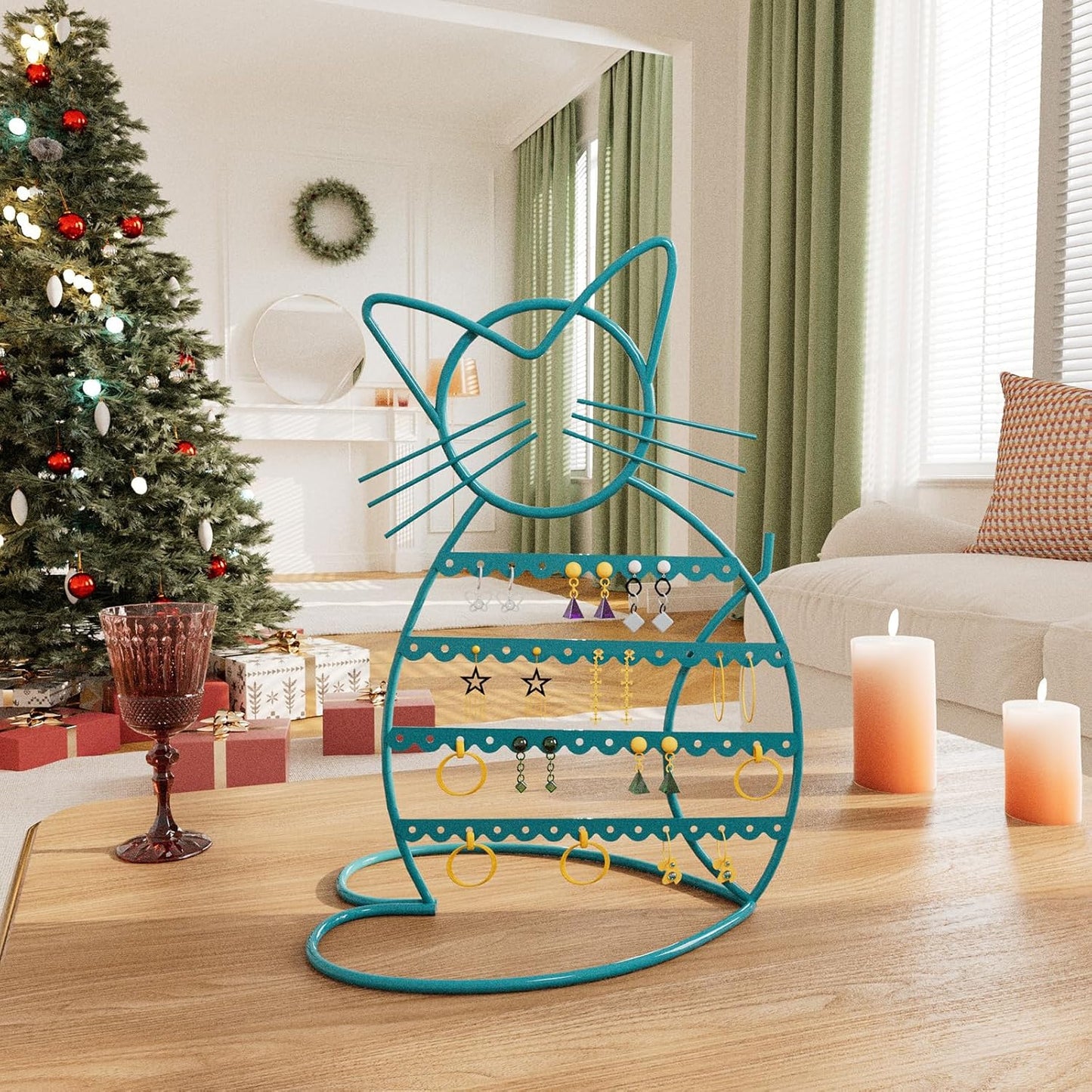 Jewelry Organizer Stand Cat Shaped Earring Holder Organizer Metal 48 Stud Earring Holes Jewelry Holder, Metal Jewelry Display Vanity Organizer for Girls - Blue