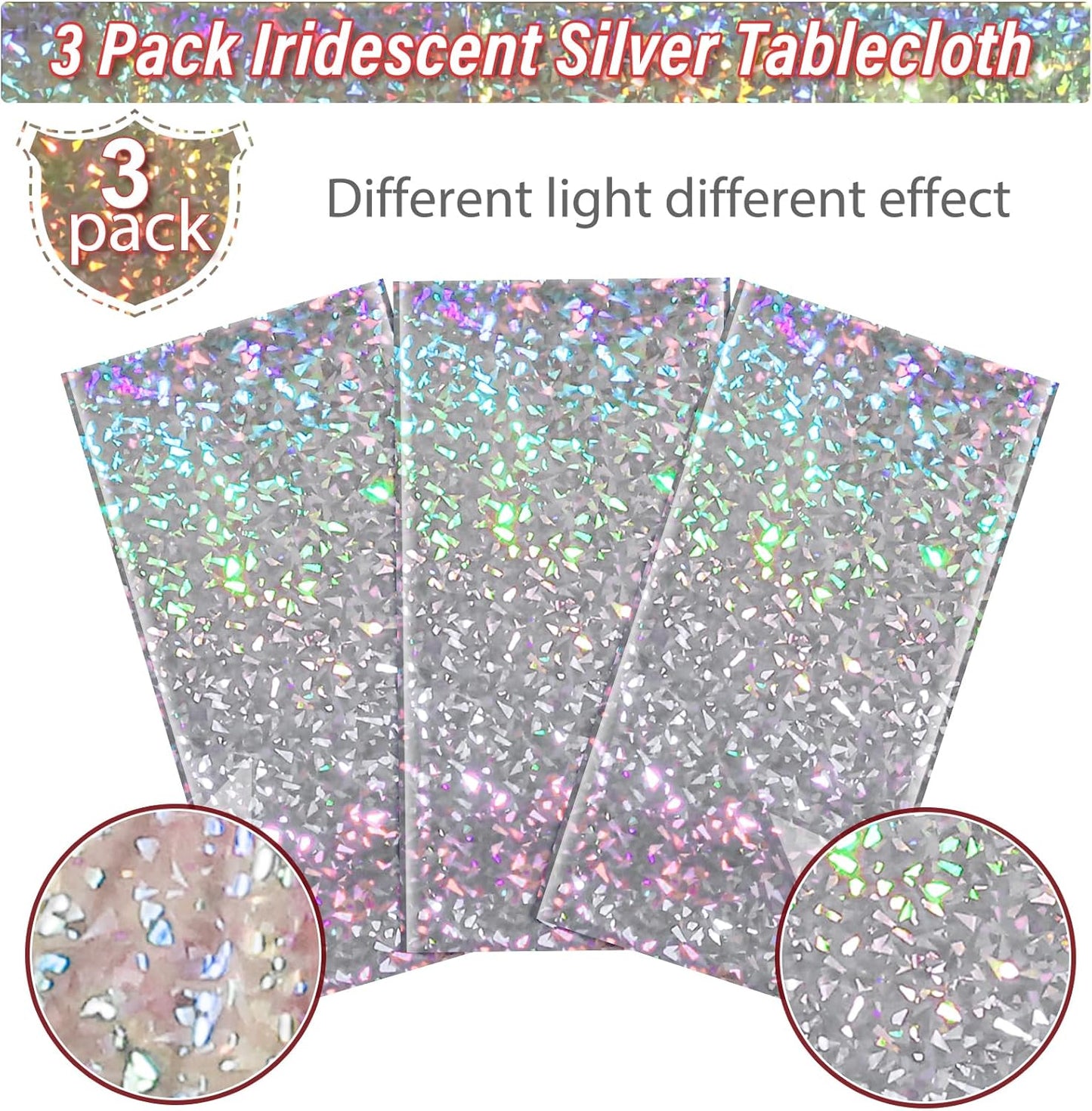 3 Pack New Iridescent Silver Tablecloth Party Decorations, Holographic Silver Glitter Plastic Tablecloth, Disposable Laser Rectangle Table Cover for Disco Birthday 70S Theme Party Decorations, 54X108"