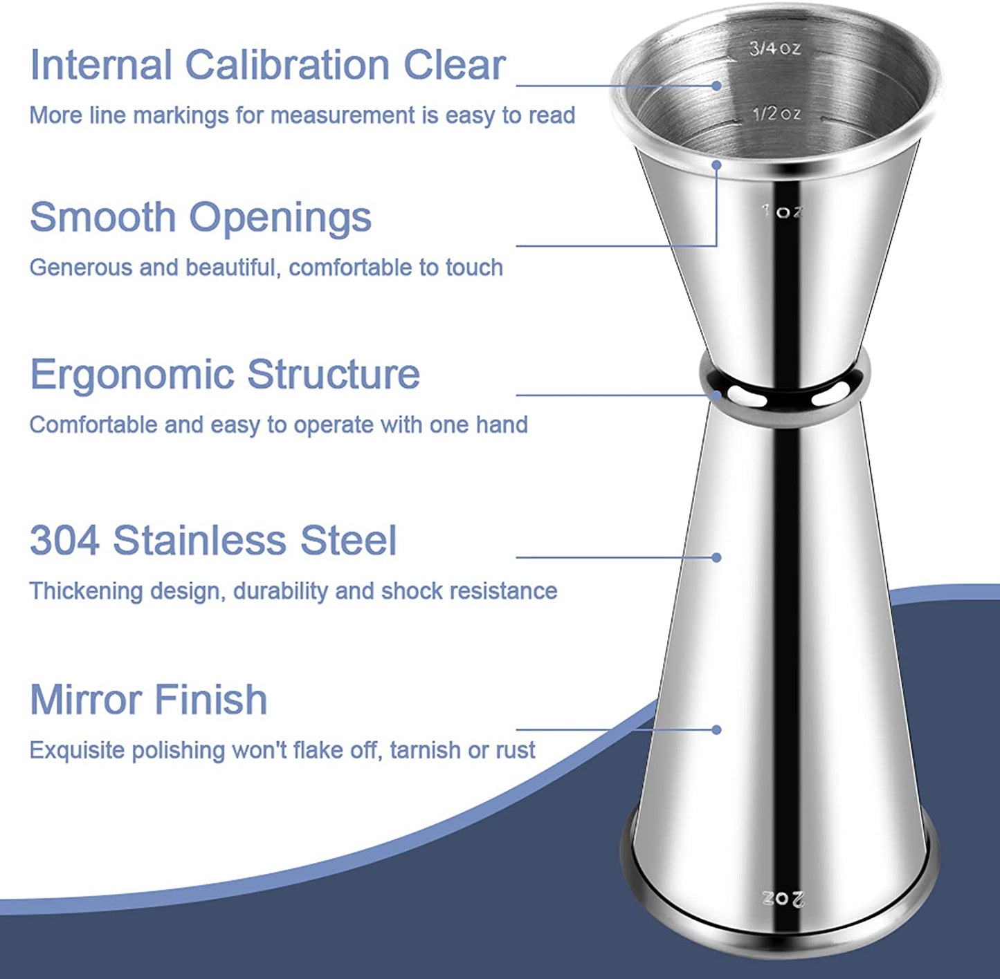 Premium 304 Stainless Steel Double Cocktail Jigger with Internal Measurements - 2 OZ & 1 OZ Capacity for Professional Bartending