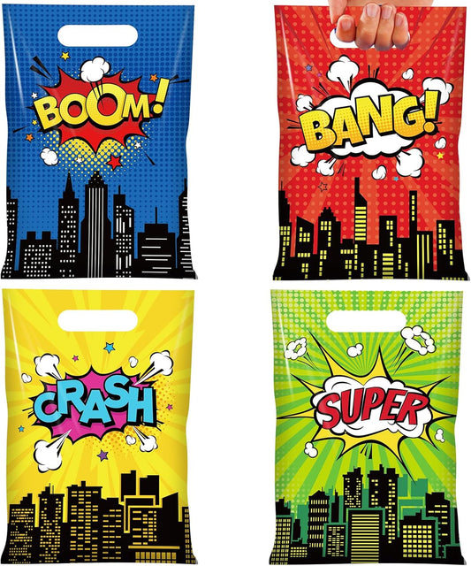 50Pcs Hero Party Favors Plastic Treat Bags,Hero Goodie Candy Bag Gift Bags with 4 Different Types, Comic Hero Bag for Birthday Party Supplies Baby Shower Decorations,6.7X 10 Inches