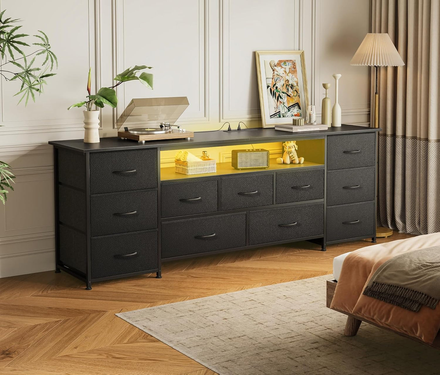 63-Inch TV Stand for 65-70 Inch TVs, 11-Drawer Long Dresser with Power Outlets and LED Lighting, Black Entertainment Center with Storage and PU Leather Surface