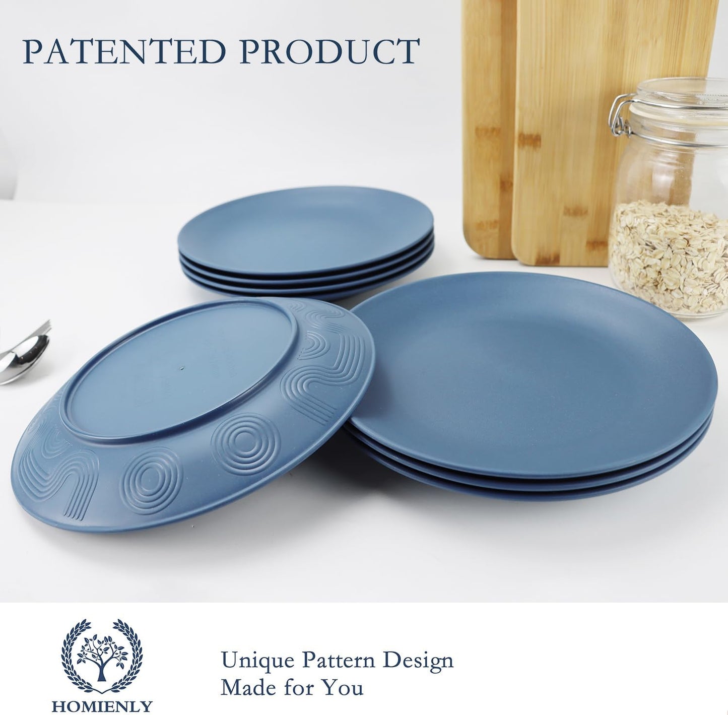 Set of 8 Unbreakable Wheat Straw Flat Dinner Plates - Microwave and Dishwasher Safe, Perfect for Camping and Salads (Blue, 10 Inch)