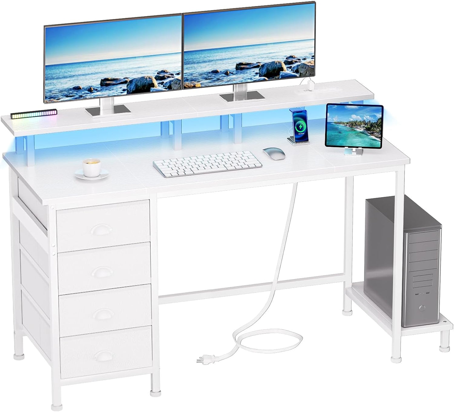 47" White Computer Desk with 4 Fabric Drawers & Monitor Stand, Gaming Desk with Power Outlets - LED Lights, Home Office Space-Saving Study Table for Bedroom Small Spaces