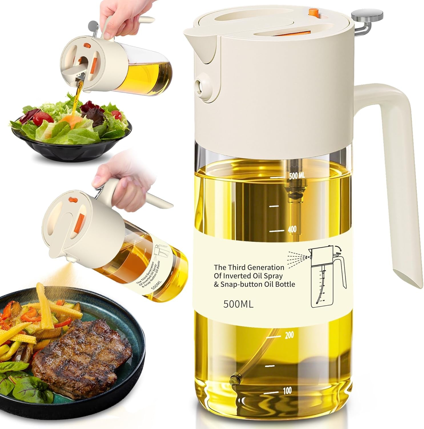 Oil Sprayer for Cooking, 2025 Large Advanced Olive Oil Dispenser Bottle,500Ml/17Oz Glass Olive Oil Sprayer,2 in 1 Even Spray with Portion Control for Kitchen, Air Fryer, Salad, BBQ - White