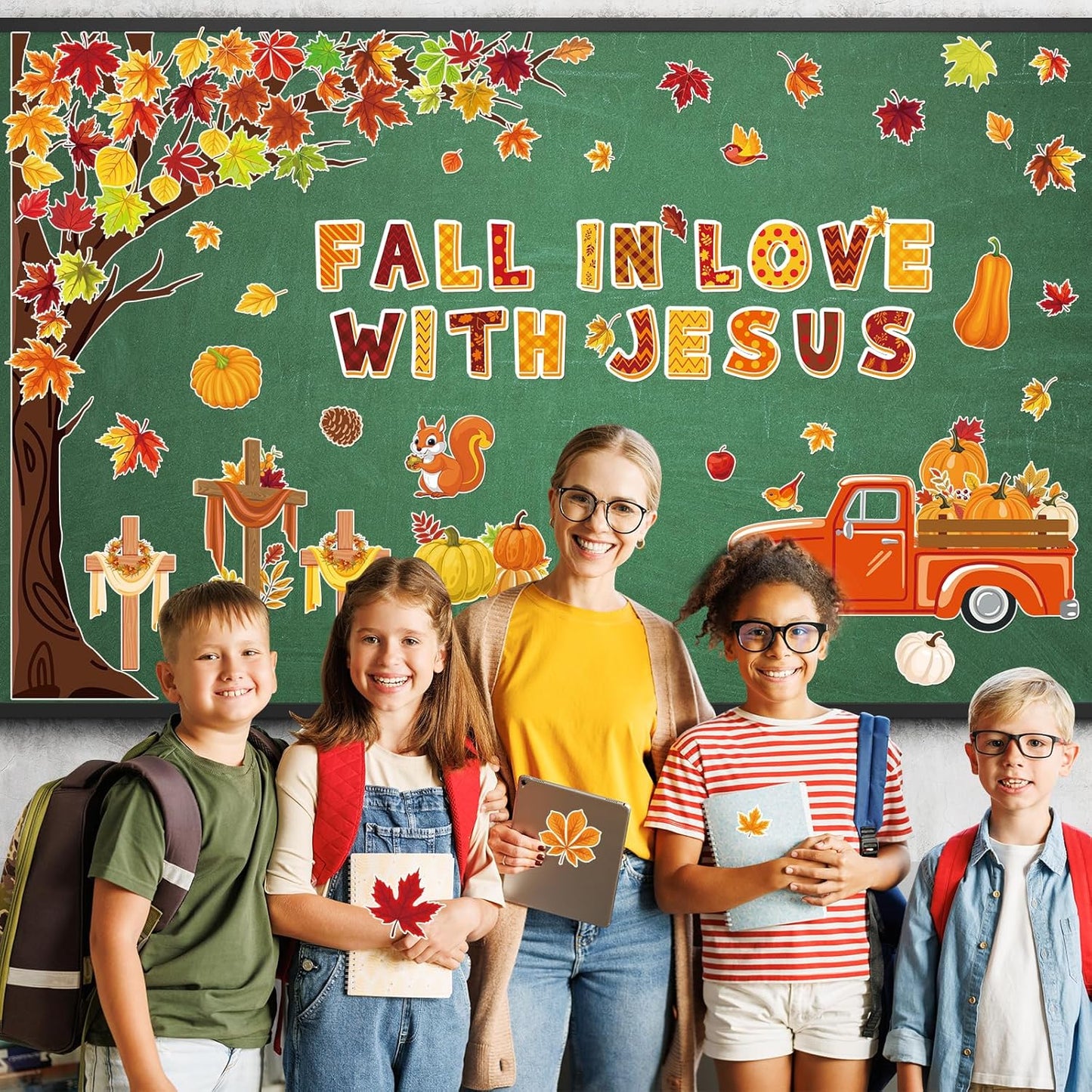 100Pcs Fall in Love with Jesus Bulletin Board Set Fall Christian Decoration Cut-Outs Paper Poster Banner with Fall Tree Leaves Pumpkin Cross Truck Patterned for Religious Church Classroom Decor