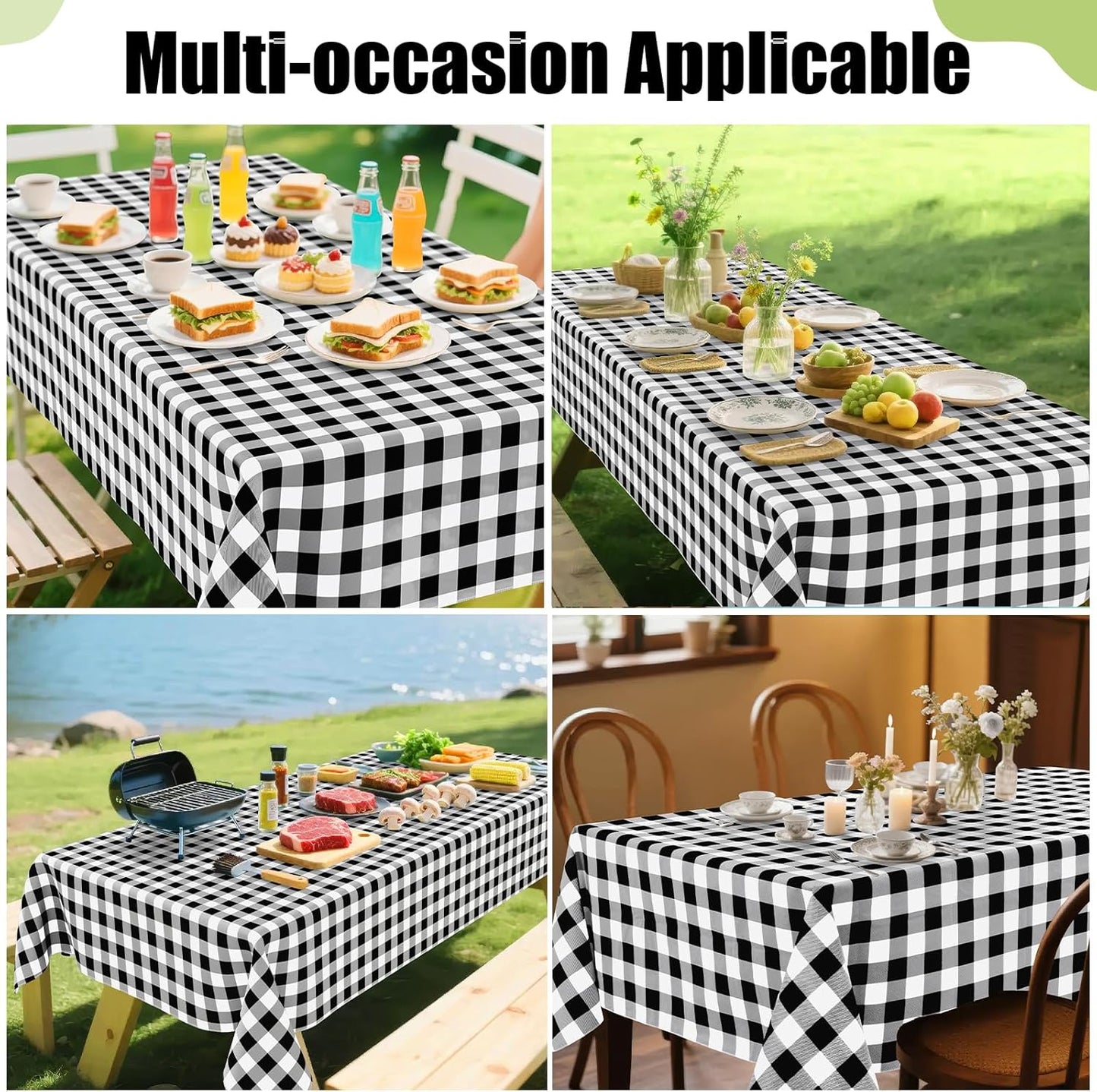 Rectangular Waterproof Vinyl Tablecloth with Flannel Backing, Wipeable Buffalo Plaid Design for Indoor and Outdoor Dining (Black & White, 60" x 84")