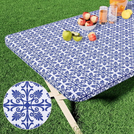 Rectangle Vinyl Table Cloth, Elastic Fitted Flannel Backed Tablecloth, 100% Waterproof Plastic Table Cover Fits 6 Foot Folding Tables for Picnic, Camping, Outdoor (Blue, 30" X 72")