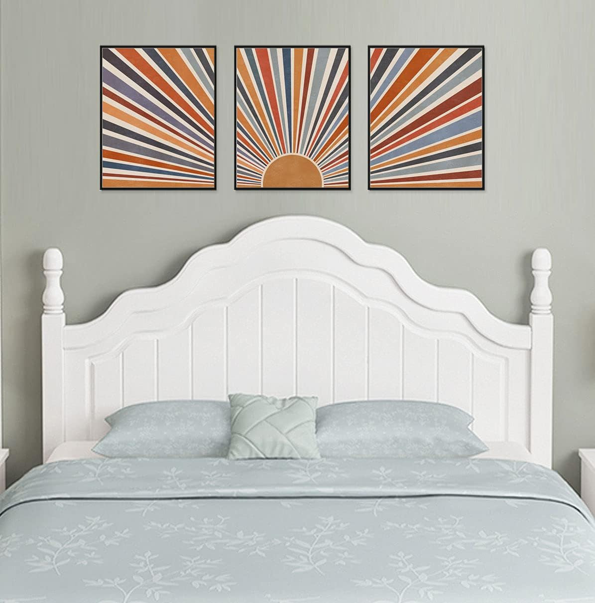 Sun Rays Print Boho Wall Decor Mid Century Modern Geometric Sunshine Wall Art Abstract Sun Boho Print Nursery Blue Orange Decor Set of 3 UNFRAMED 11X14INCH