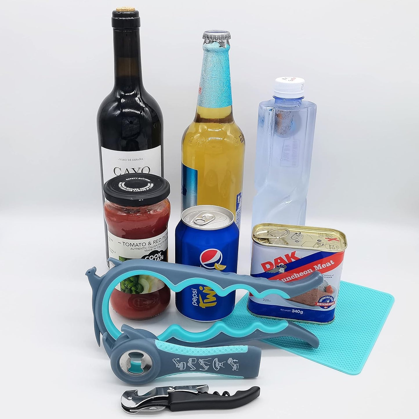 Ergonomic Jar, Bottle, and Can Opener with Rubber Gripper Pad and Corkscrew for Enhanced Accessibility for Seniors and Individuals with Limited Hand Strength
