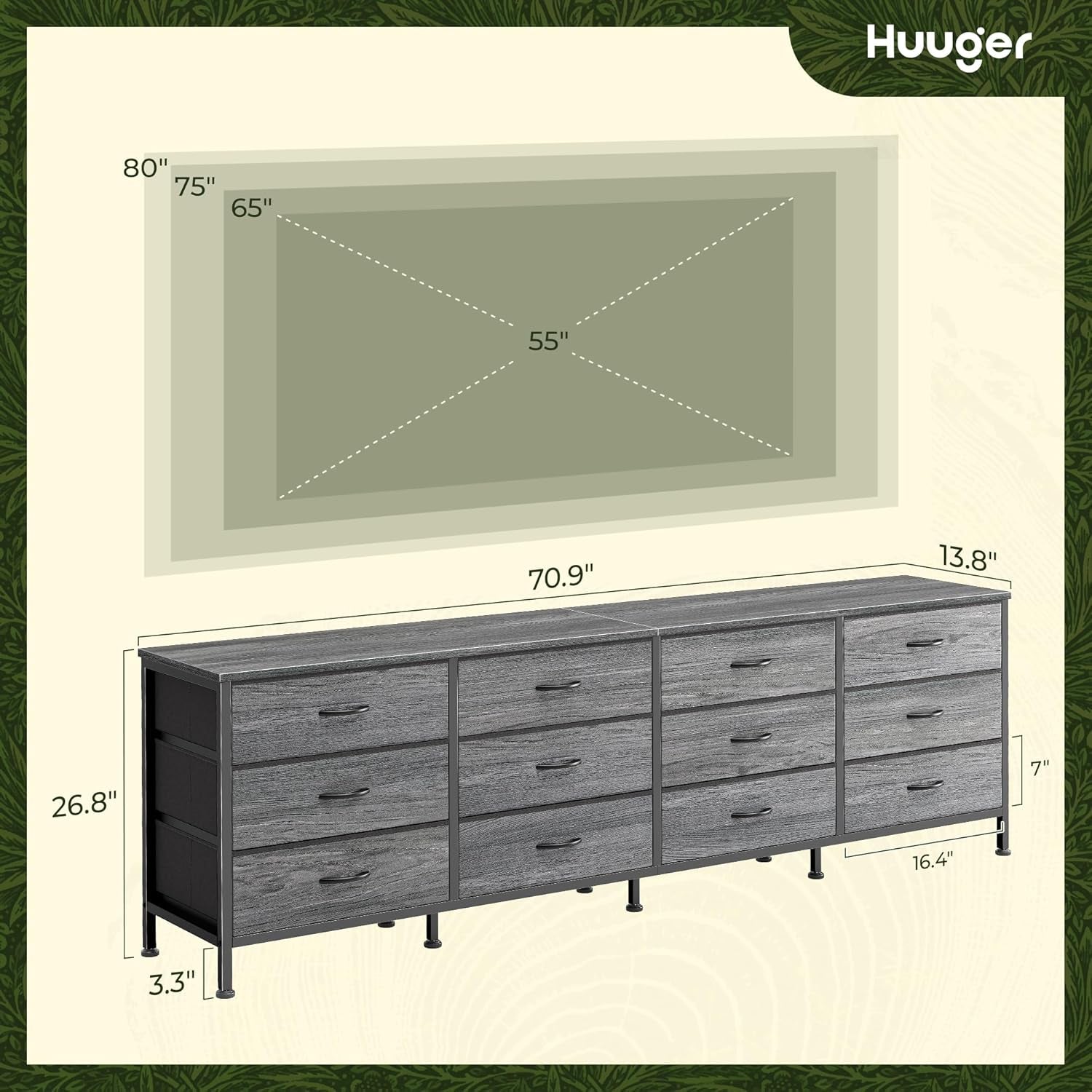 70-Inch Grey Dresser and TV Stand for 65 to 80 Inch TVs with 12 Fabric Drawers, Large Storage Organizer for Bedroom and Living Room