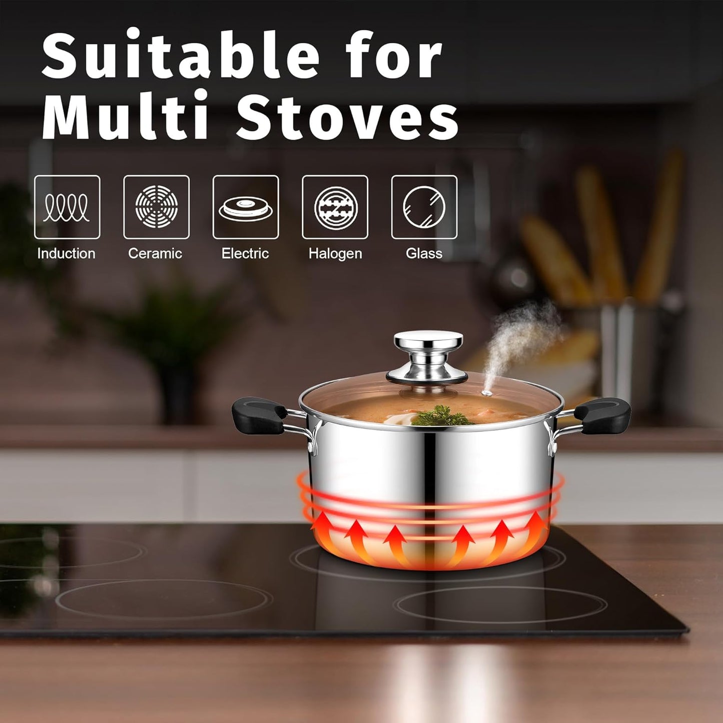 Stainless Steel 3-Ply Sock Pot with Lid, Stockpot for Cooking Pasta & Stewing Soup, Fits Multi Stoves, Heat-Proof Handle & Clear Lid, Heavy Duty & Dishwasher Safe, 5 Quarts