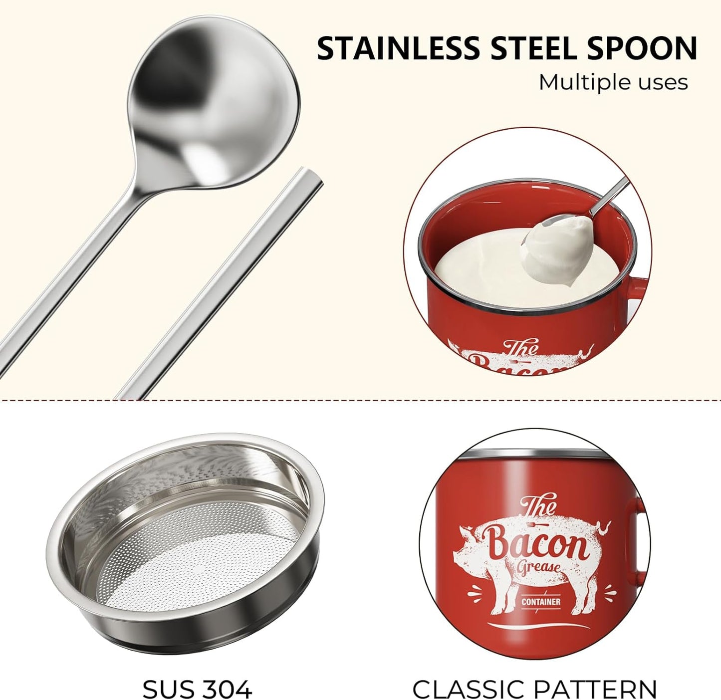 Mini Bacon Grease Container with Strainer - 15OZ Enamel Grease Saver, Farmhouse Bacon Grease Keeper for Kitchen Fat Storage, Dishwasher Safe-Red