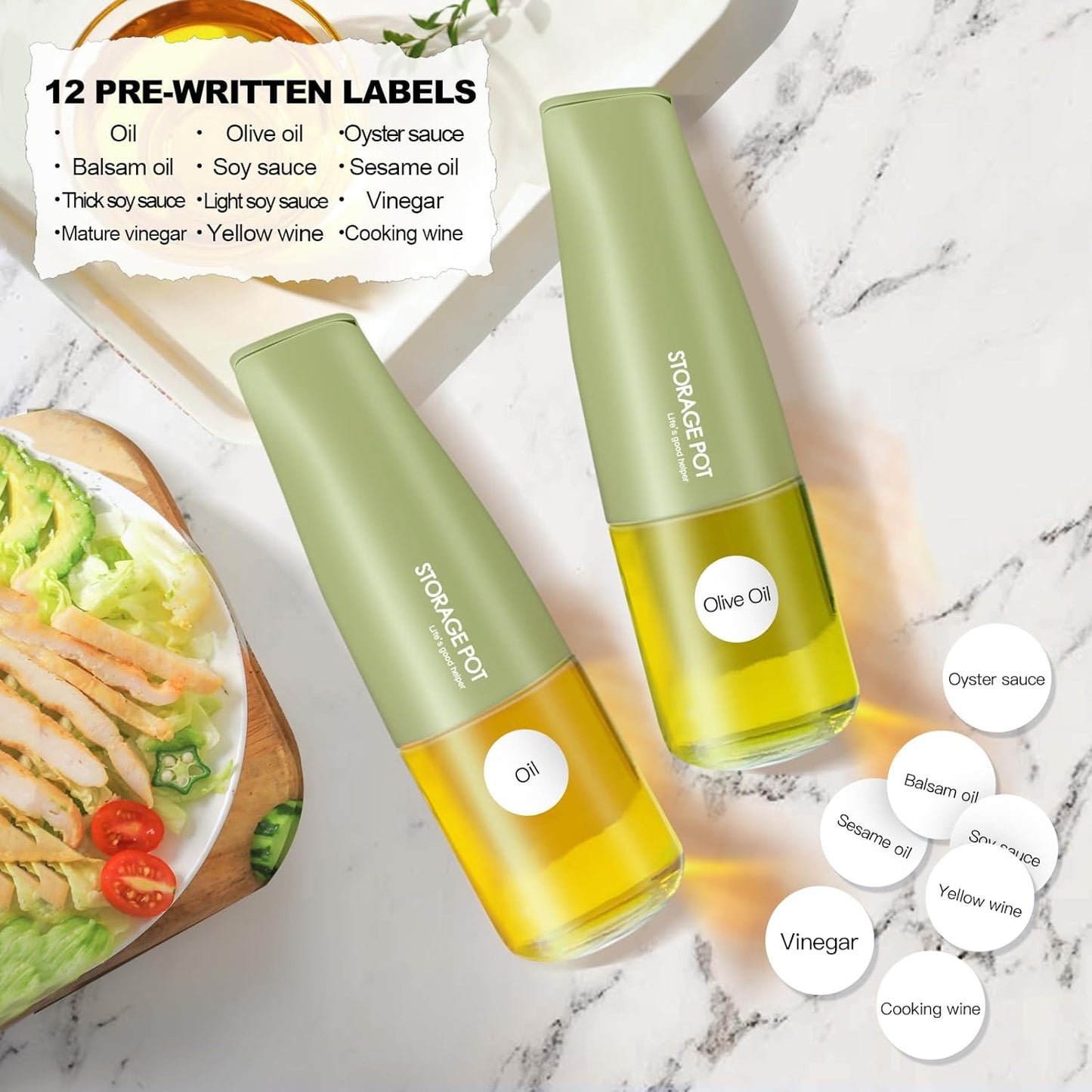 Large Capacity Olive Oil Dispenser - 500ml Glass Vinegar Drizzler, Leak-Proof Oil Bottle, Non-Drip Soy Sauce Dispenser with Pourer and Labels (Green)