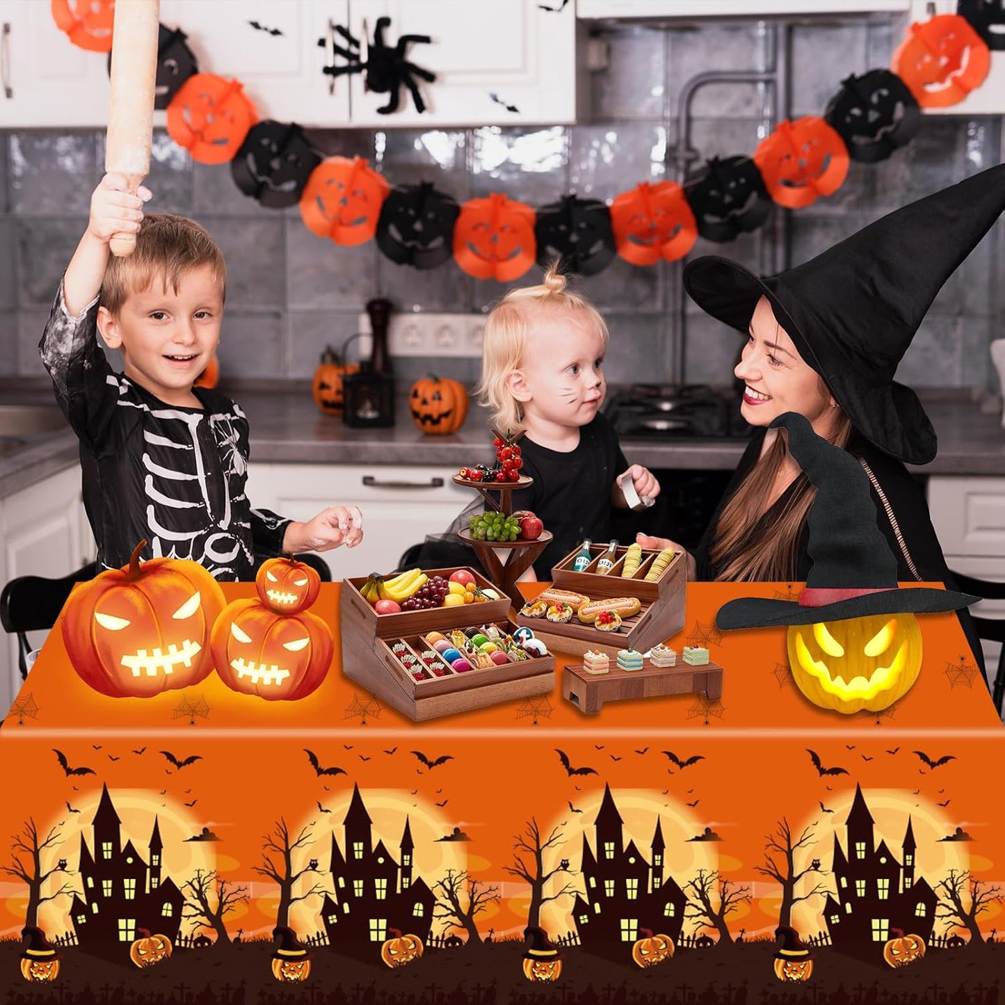 3 Packs Orange Halloween Tablecloth 54 X 108 Inches Scary Castle Ghost Pumpkin Table Cloth Disposable Waterproof Plastic Bat Spider Web Table Cover Trick or Treat for Halloween Party Dining