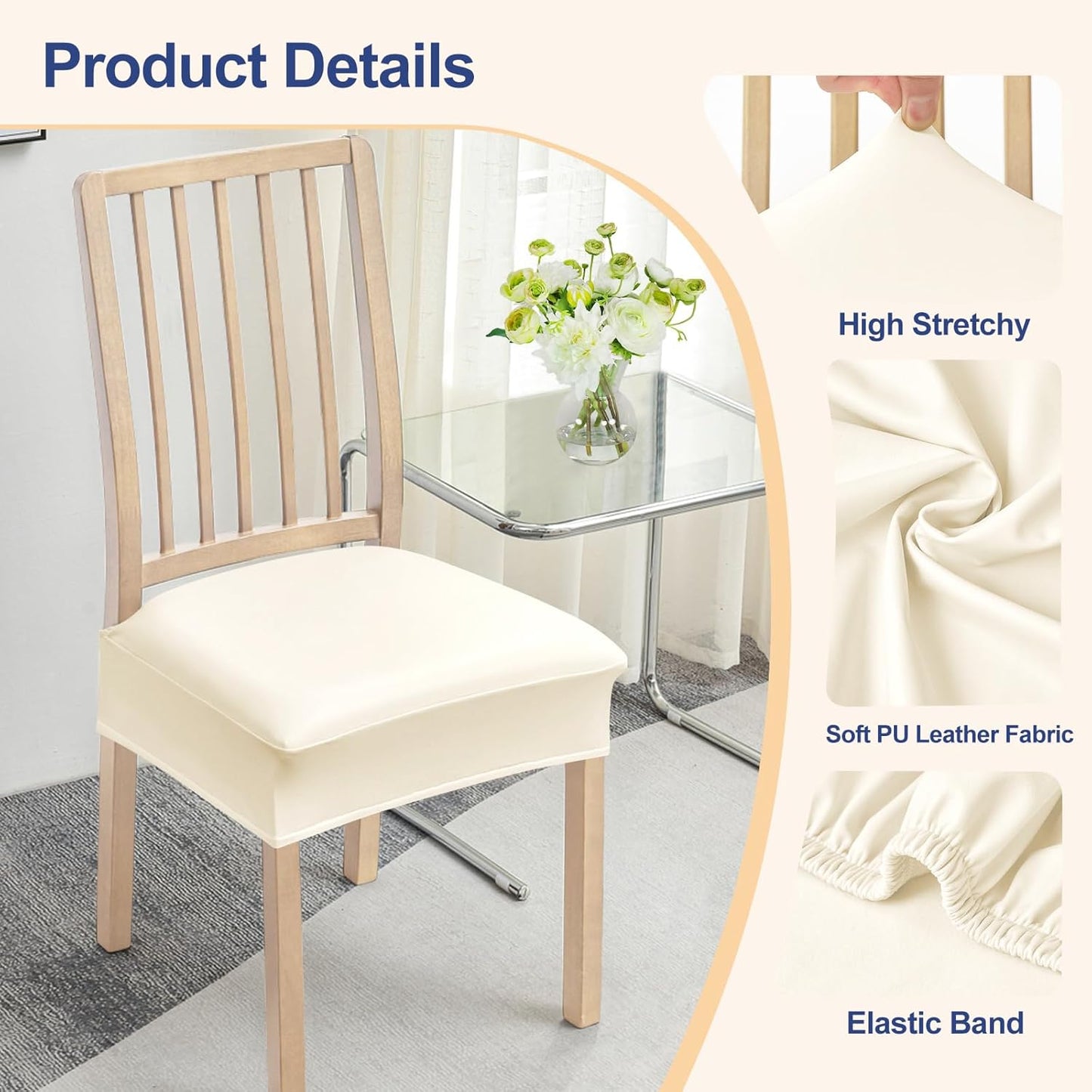 Waterproof Seat Covers for Chairs Set of 2, Stretch Pu Leather Removable Washable Dining Room Chair Seat Slipcovers Protector, No Rear Covers, Beige