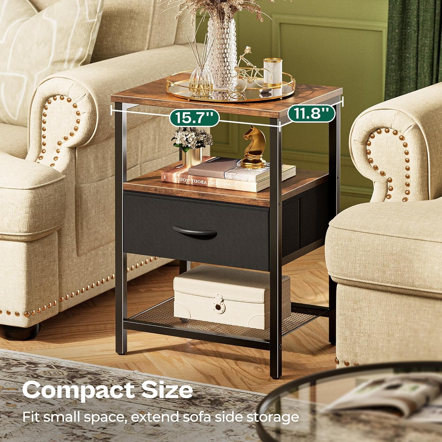 Rustic Brown and Black Nightstand with Fabric Drawer and Mesh Shelf, Metal Frame Side Table for Bedroom and Living Room