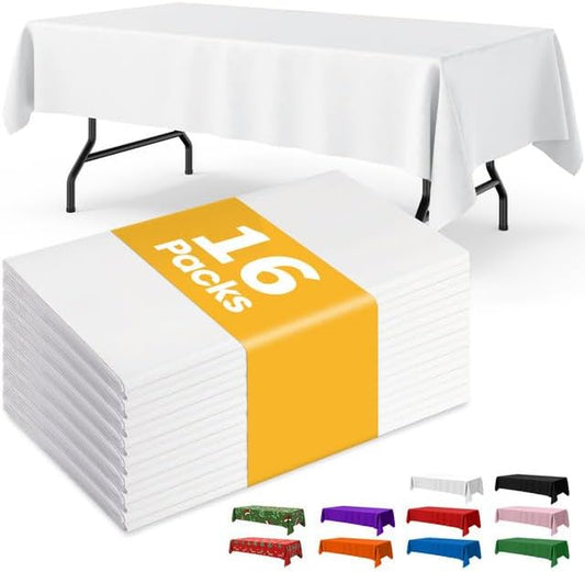 White Plastic Table Cloth - 16 Pack 54" × 108" Rectangle Disposable Tablecloths for 6FT Tables, Waterproof Table Cover for Party, Holiday & Gathering Use