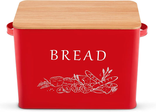 Bread Box for Kitchen Counter, Metal Bread Storage Bin with Wooden Cutting Lid, Large Capacity for Holding 2+ Loaves, Retro Modern Style, Size 13” X 7.2” X 9.7”, Red