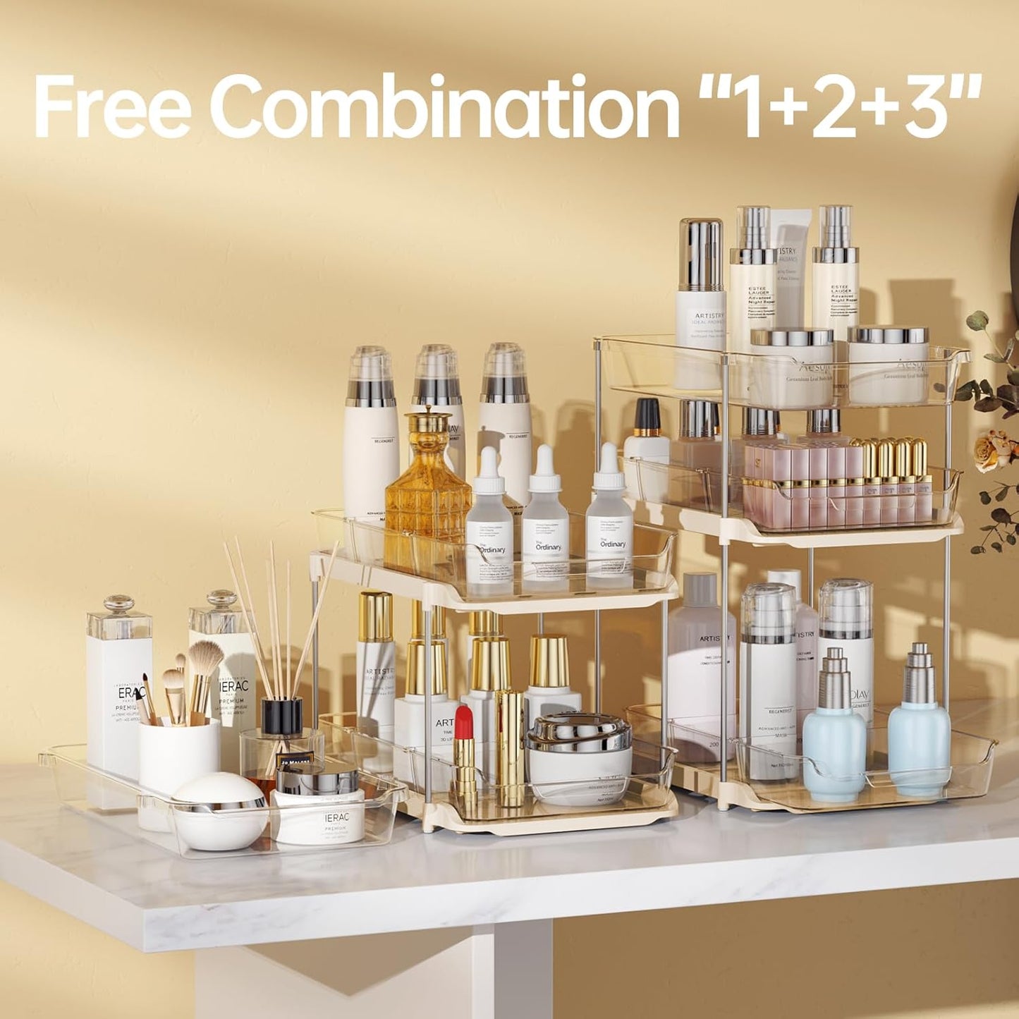 2 Sets of 3-Tier Bathroom under Sink Organizers and Storage, Multi-Purpose Stackable Pantry Organization and Storage, Beige