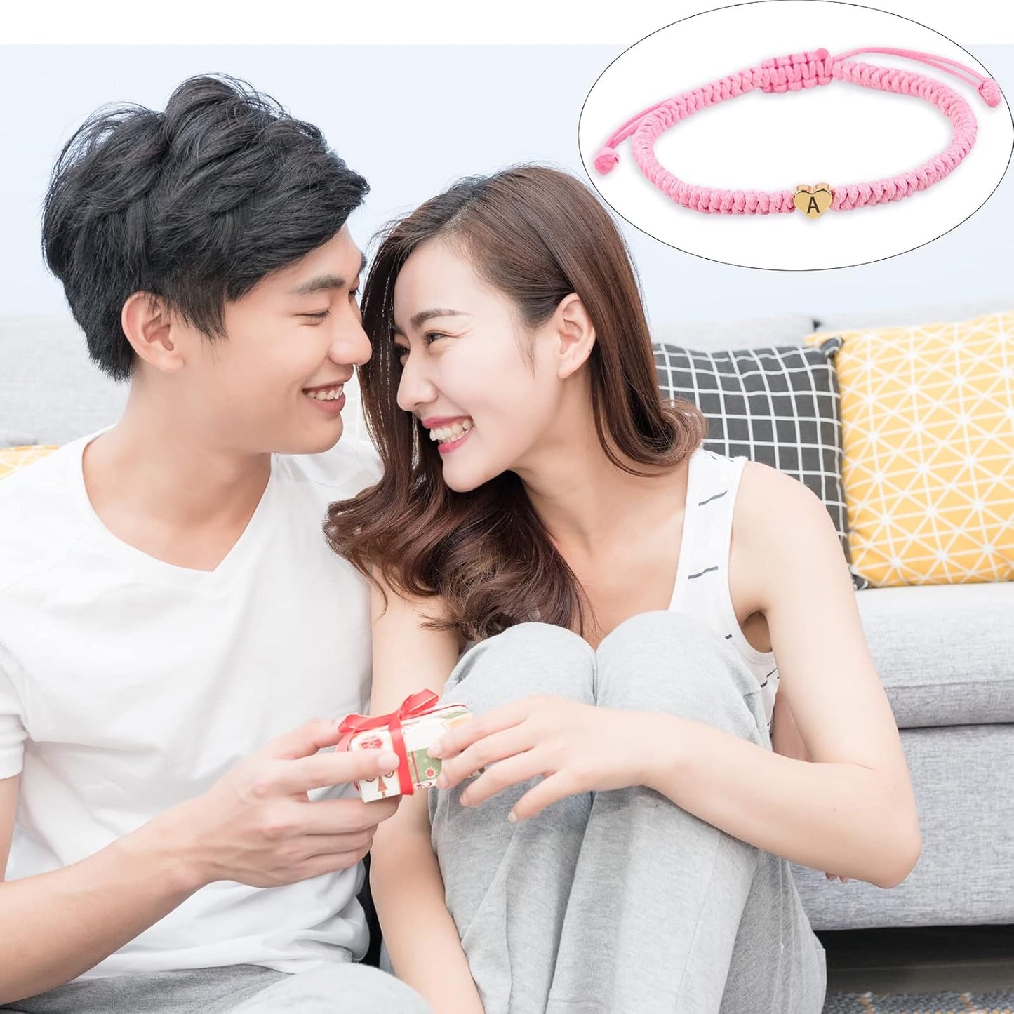 Pink Weave Rope Letter Bracelet for Women, Initial Bracelet Heart Charm 26 Letters A-Z Alphabet Handmade Adjustable Jewelry for Couple Teenage Girls Sister Valentines Day Mother'S Day (Pink-E)