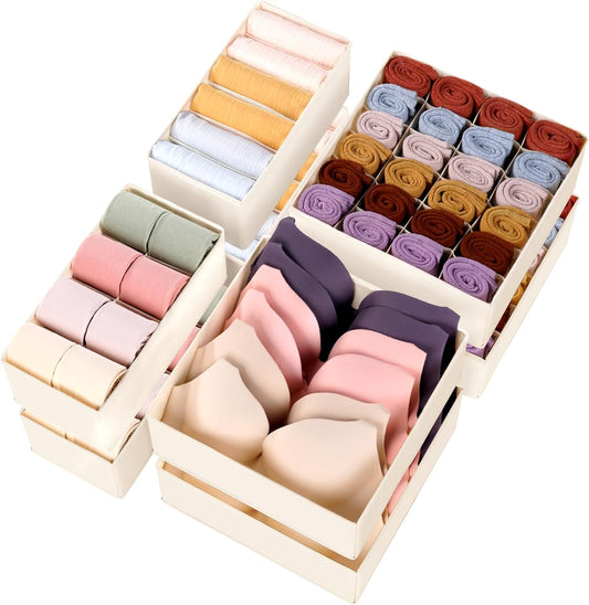 Underwear Sock Drawer Organizer Dividers 8 Set, Foldable Dresser Closet Organizers and Storage Bins for Baby Clothing, Sock, Underwear, Bra, Ties, Scarf (Beige)