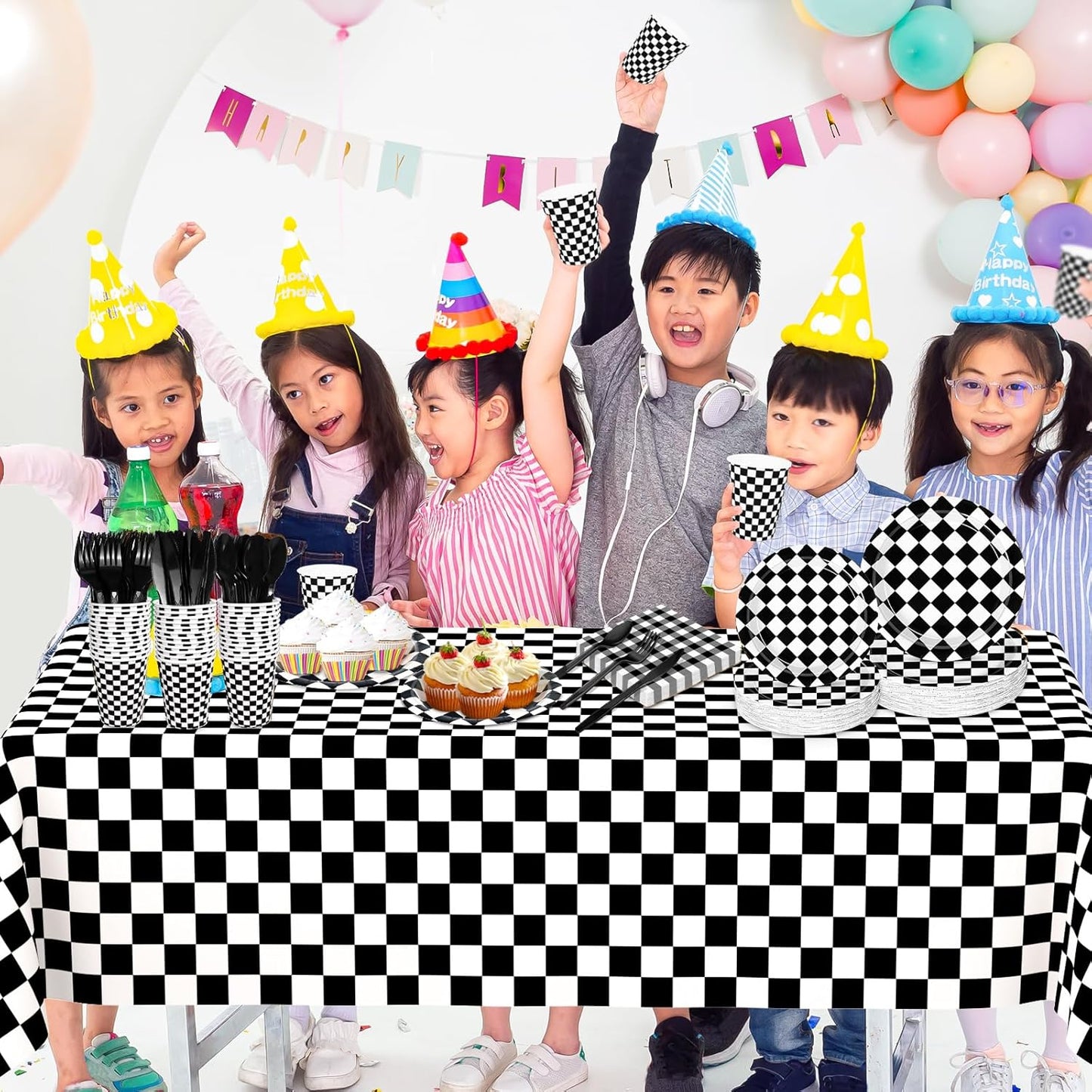 176 PCS Race Car Birthday Party Decorations Black and White Gingham Plates and Napkins, Cups Plastic Spoons Forks Knives, Cutlery for Cars Birthday Decorations, Serves 25