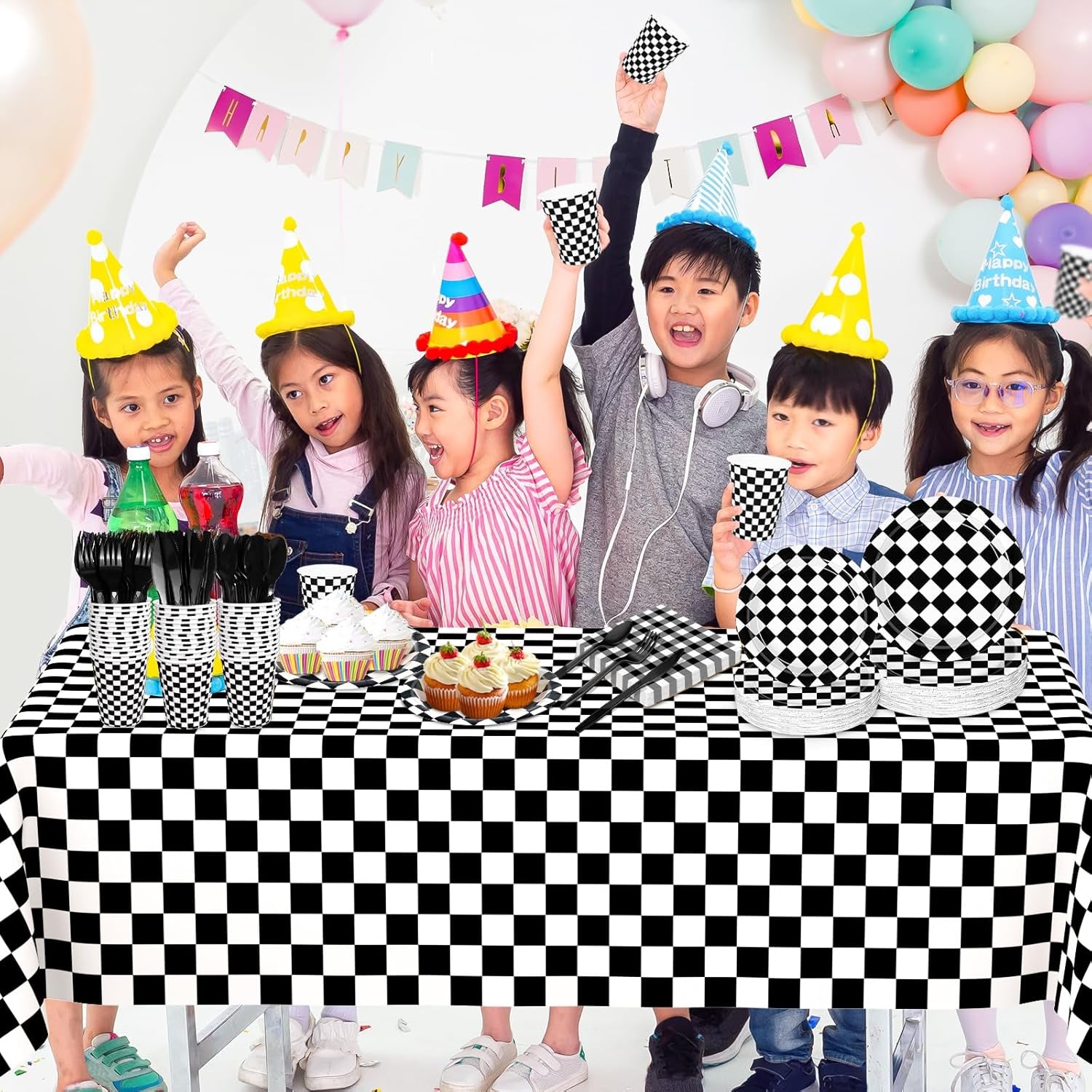 176 PCS Race Car Birthday Party Decorations Black and White Gingham Plates and Napkins, Cups Plastic Spoons Forks Knives, Cutlery for Cars Birthday Decorations, Serves 25