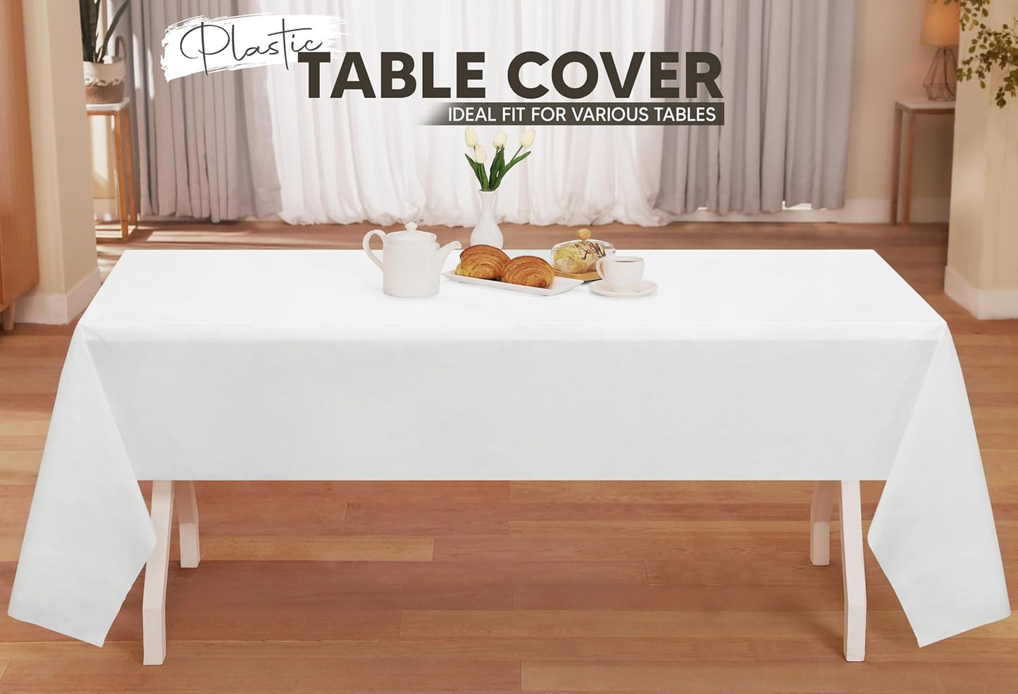 Plastic Table Cloth Disposable (12 Pack - 54X108 Inch) White Rectangle Tablecloth Waterproof Stain Resistant Party Table Cover