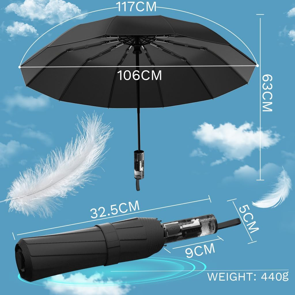 Automatic Compact Travel Umbrella, Windproof Folding 12 Ribs Umbrella for Rain & Sun with UV Protection, Lightweight & Portable for Men and Women