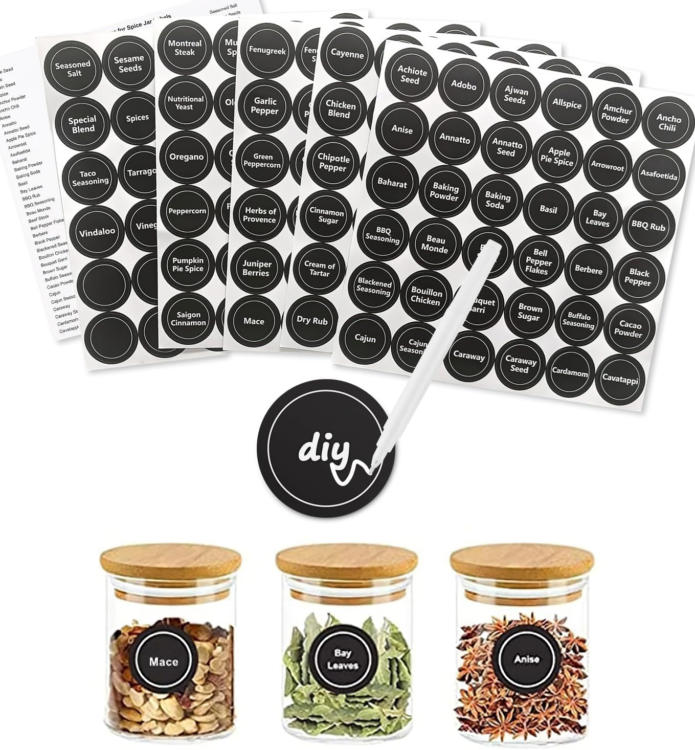 180 Spice Labels for Food Containers, Chalkboard Labels for Jars, Spice Label Stickers Herb Seasoning Kitchen Pantry Labels, Small Chalk Sticker Spice Jar Label round 168 Printed, 1 Erasable Chalk
