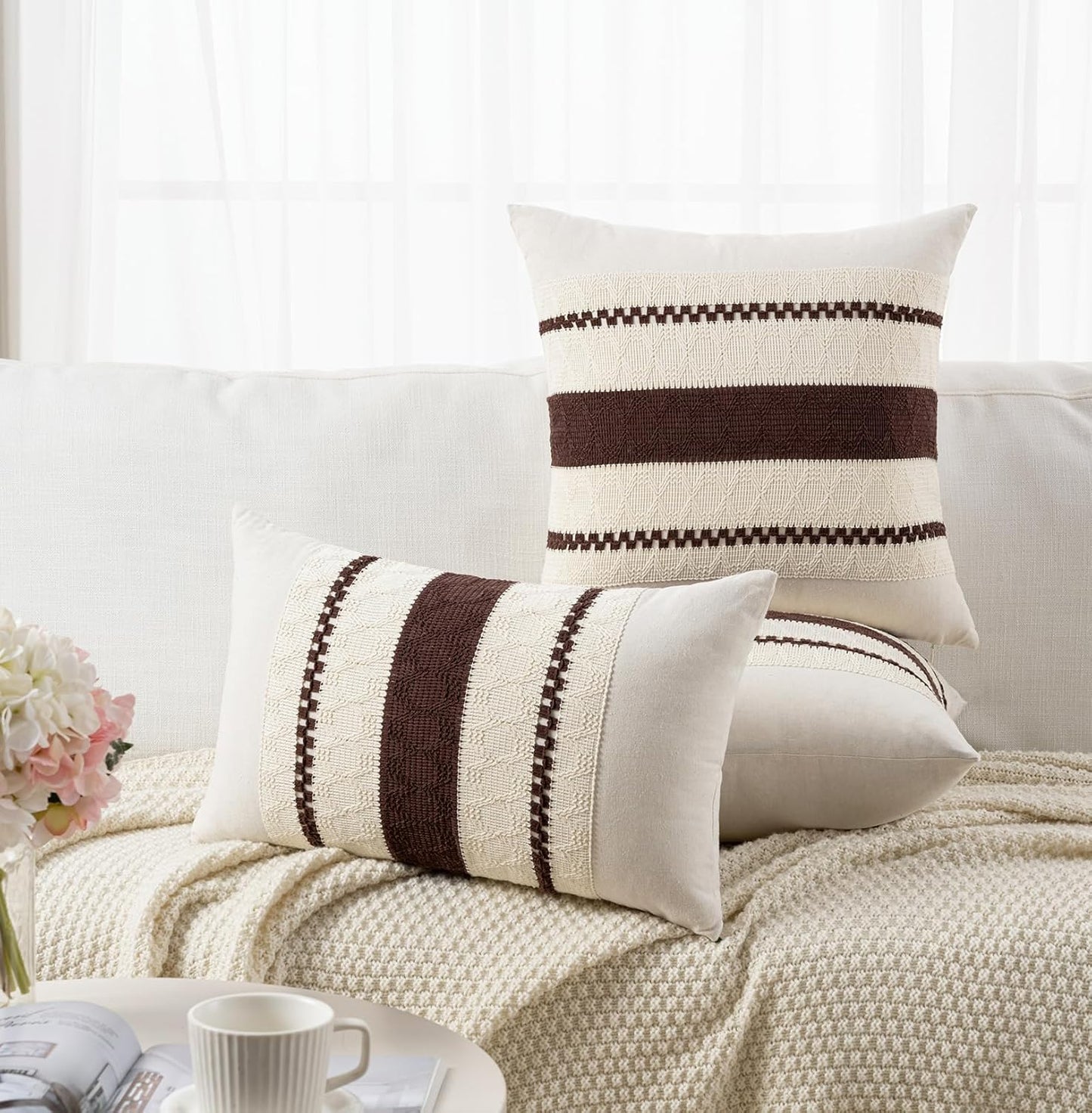 Set of 2 Boho Brown Decorative Throw Pillow Cover 18X18 Inch for Couch Bed Sofa, Aesthetic Modern Organic Farmhouse Home Decor, Soft Cotton Cute Accent Macrame Woven Cushion Case