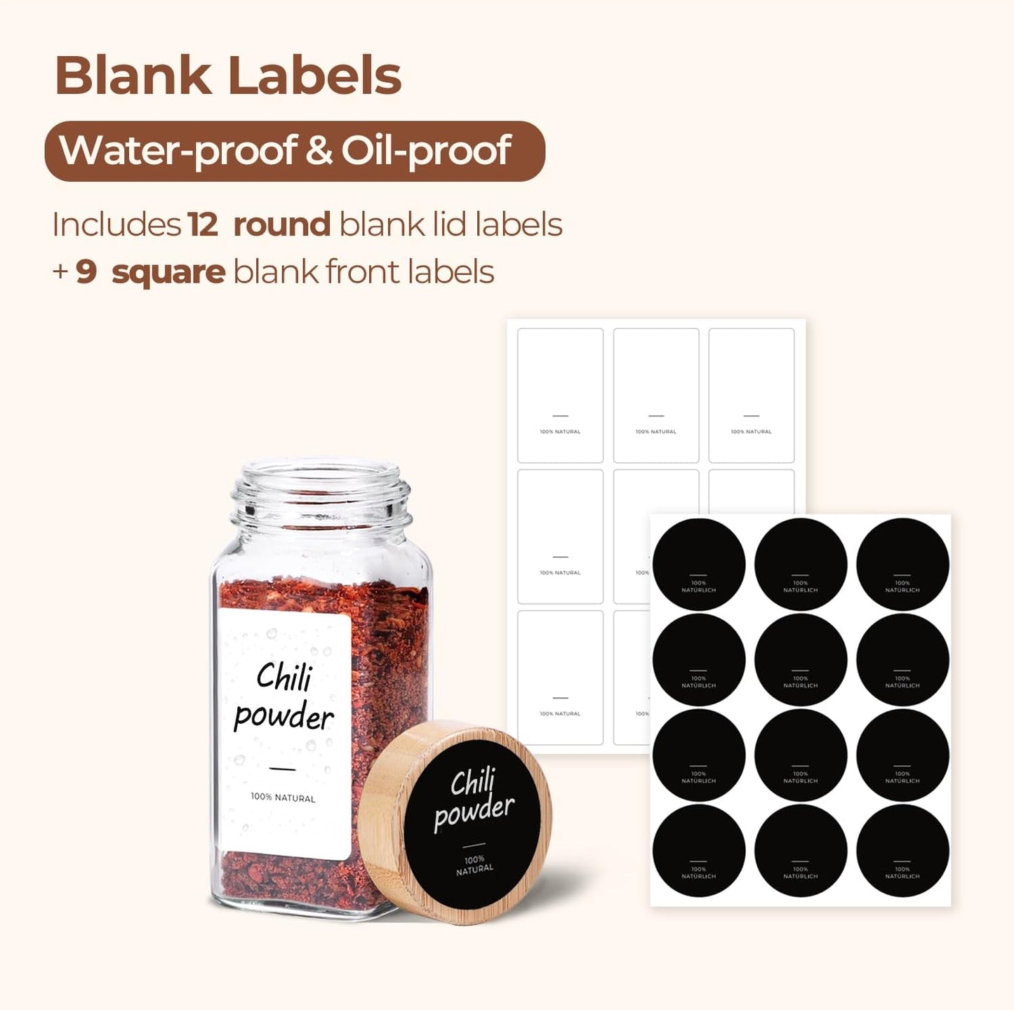 4 Oz 6Pcs Glass Spice Jars with Label, Empty Spice Containers with Bamboo Lids, Square Seasoning Containers Trial and Supplement Set, Small Seasoning Bottles for Salt, Herbs, Sugar, Pepper