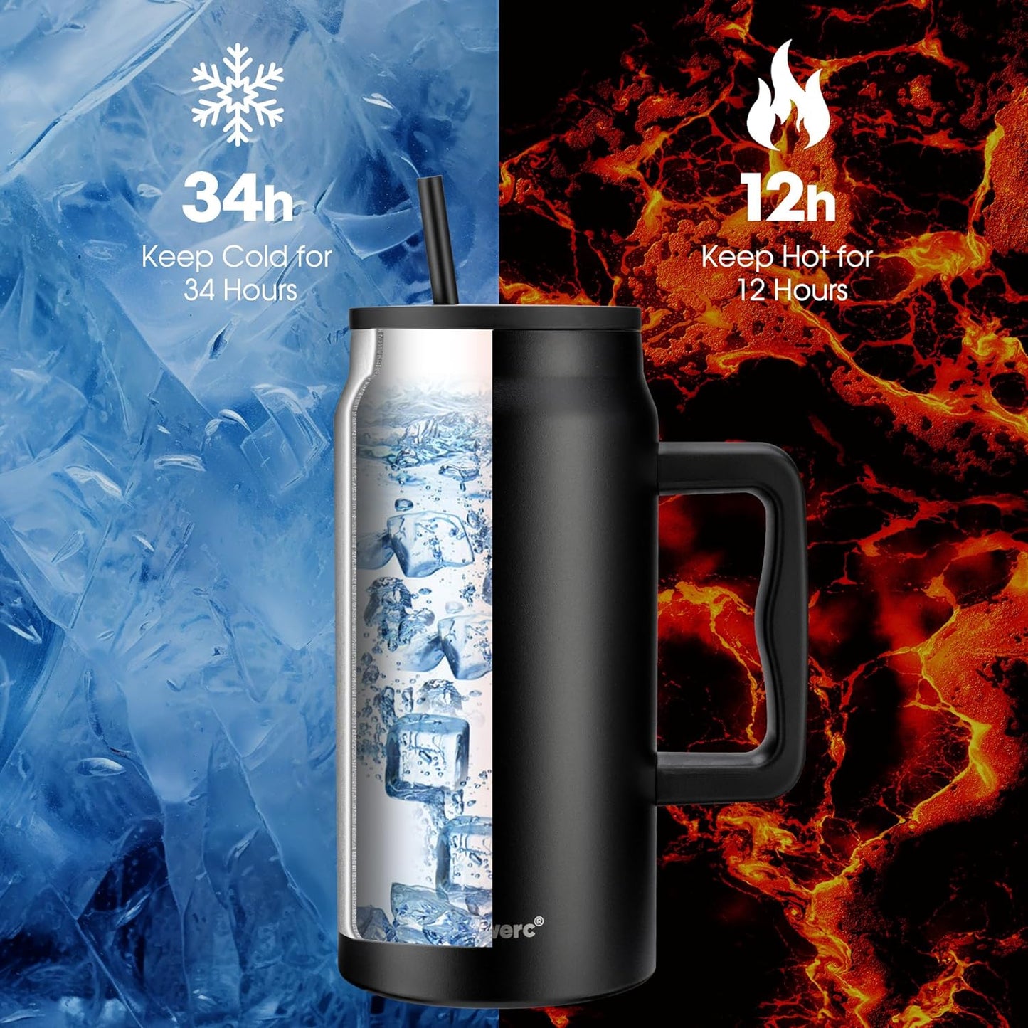 50 Oz Tumbler with Handle, Vacuum Insulated Water Bottle with Lid and Straw, Stainless Steel Double Wall Travel Jug Coffee Mug, Keep Cold for 36H, 100% Leak-Proof, Non-Slip Base - Azure