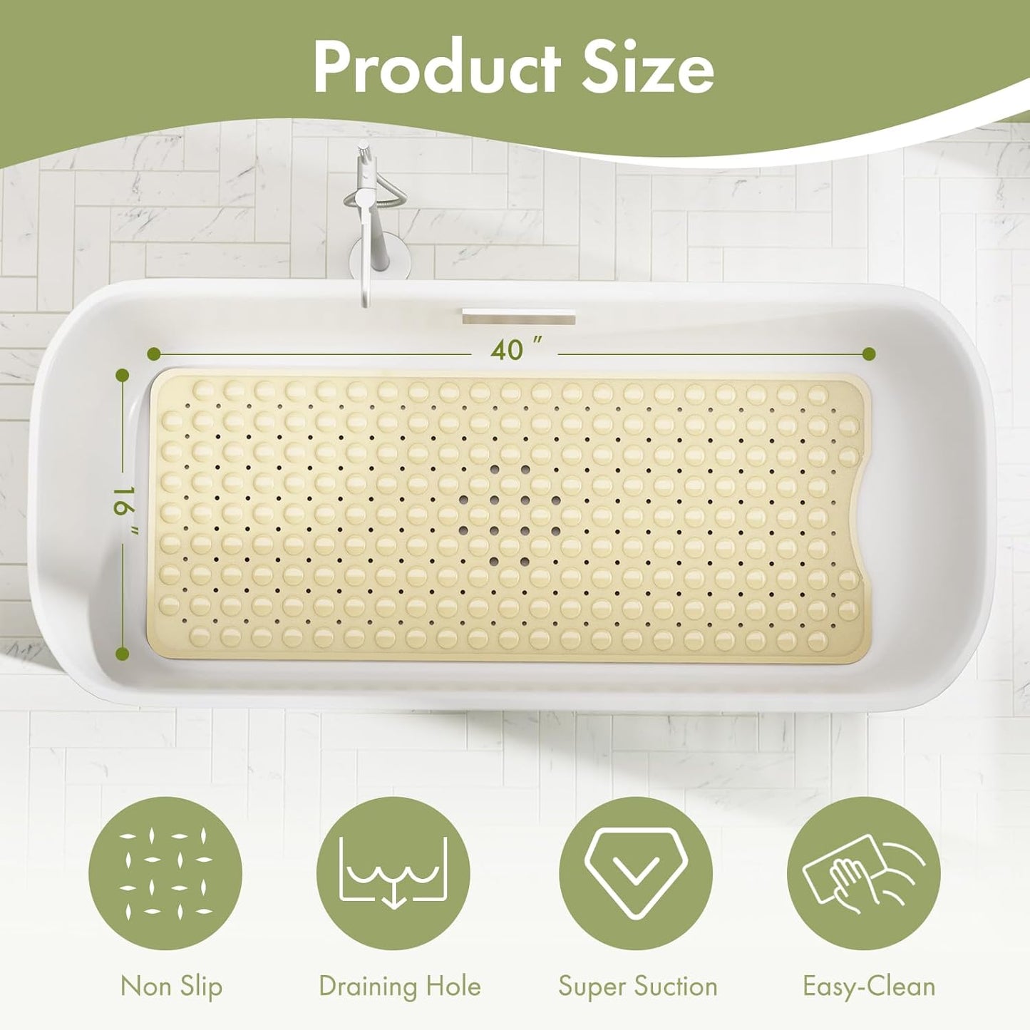 Shower Mat Non Slip 40 X 16 Inches, Shower Stall Mats with Suction Cups and Drain Holes, Non Slip Bath Mat for Tub for Elderly & Kids, Beige
