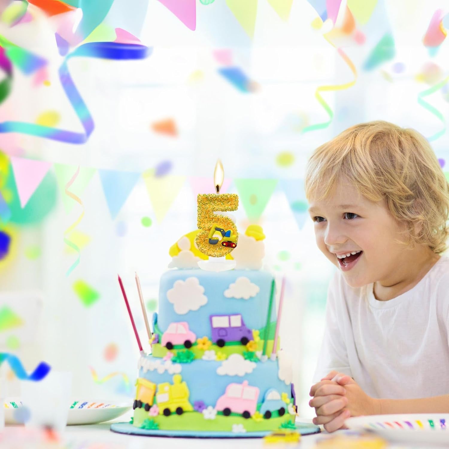 Construction Birthday Candles for Cake Decoration Yellow Glitter Number 2 Candle Construction Cake Topper Construction Themed Cupcake Topper Birthday Party Decorations Supplies Favors