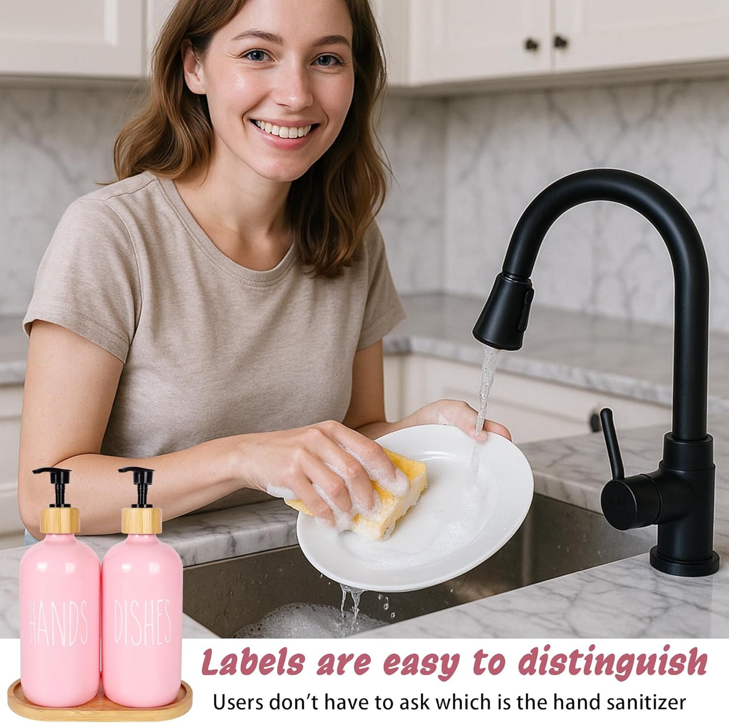 16 OZ Pink Soap Dispenser Women,2 Pack Glass Refillable Dish and Hand Bottles Set Pump Bottle,House Decor Kitchen Accessories with Wooden Pallet Girly