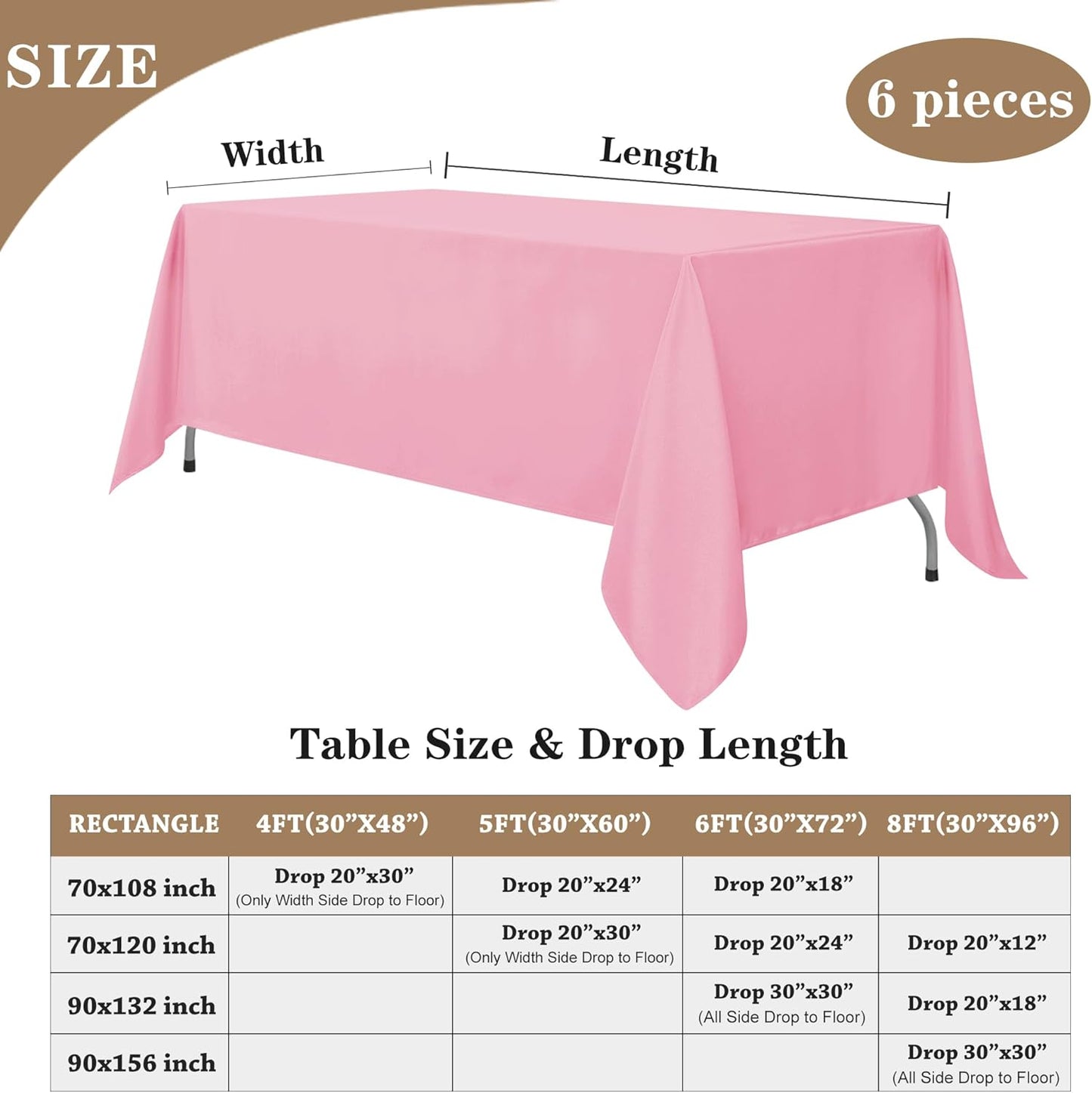 Rectangle Pink Tablecloths - 6 Pack, 70 x 120 Inches - Reusable and Washable Polyester Covers for 6-8 Ft Tables, Ideal for Weddings, Parties, and Banquets