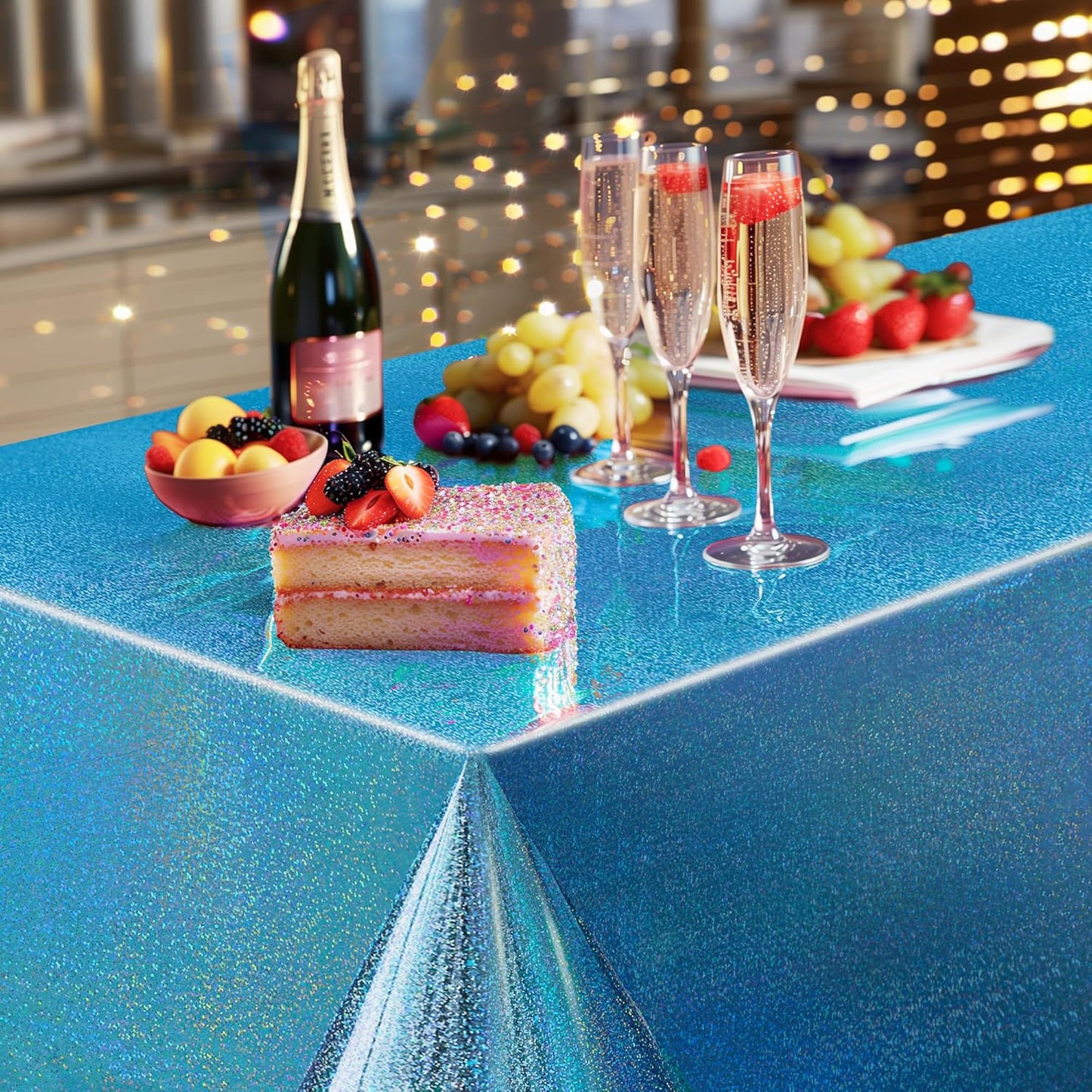 Set of 2 Blue Holographic Foil Tablecloths, 54x108 Durable Table Covers for Elegant Events, Ideal for Parties, Weddings, and Showers