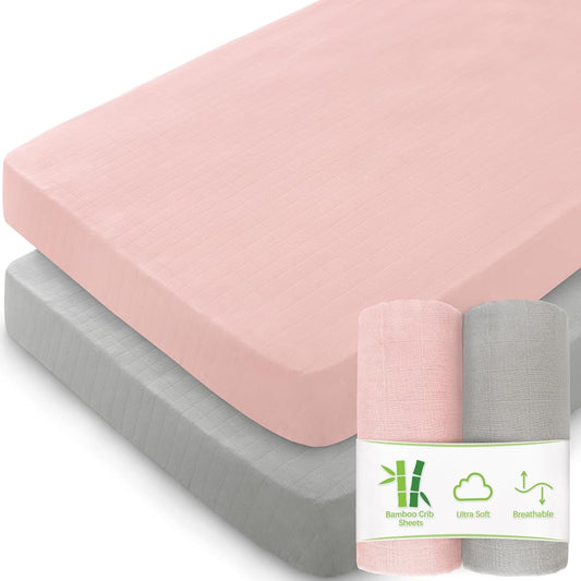 Muslin Crib Sheets for Boys and Girls 2 Pack, Ultra Soft Muslin Fitted Baby Crib Sheet for Standard Crib Mattress & Toddler Bed Mattress, Grey and Pink