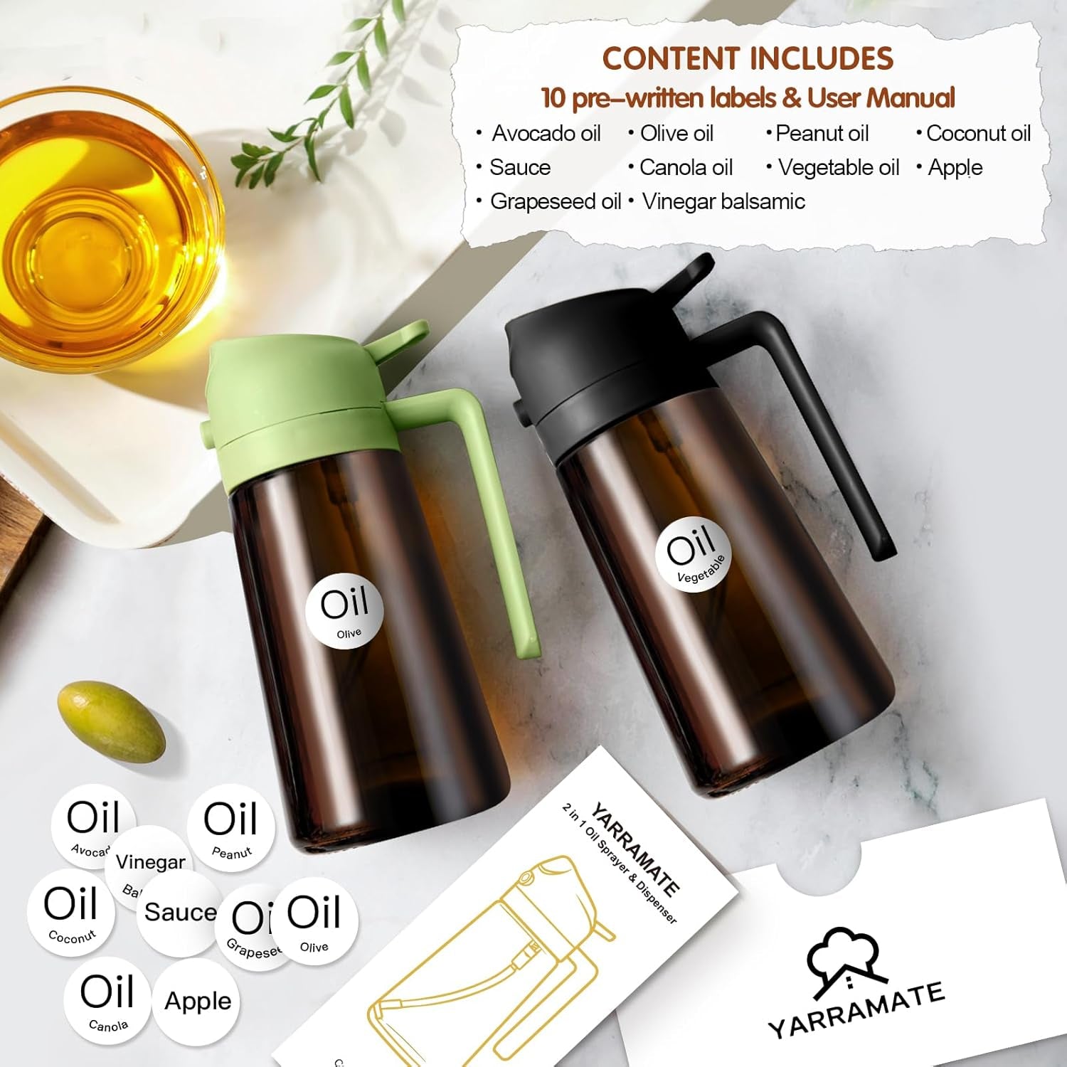16Oz/470Ml Light Blocking Oil Sprayer for Cooking with Stickers, Food-Grade 2 in 1 Olive Oil Dispenser Bottle for Kitchen, Premium Dark Amber Glass Oil Bottle for Air Fryer, Bbq(Green)