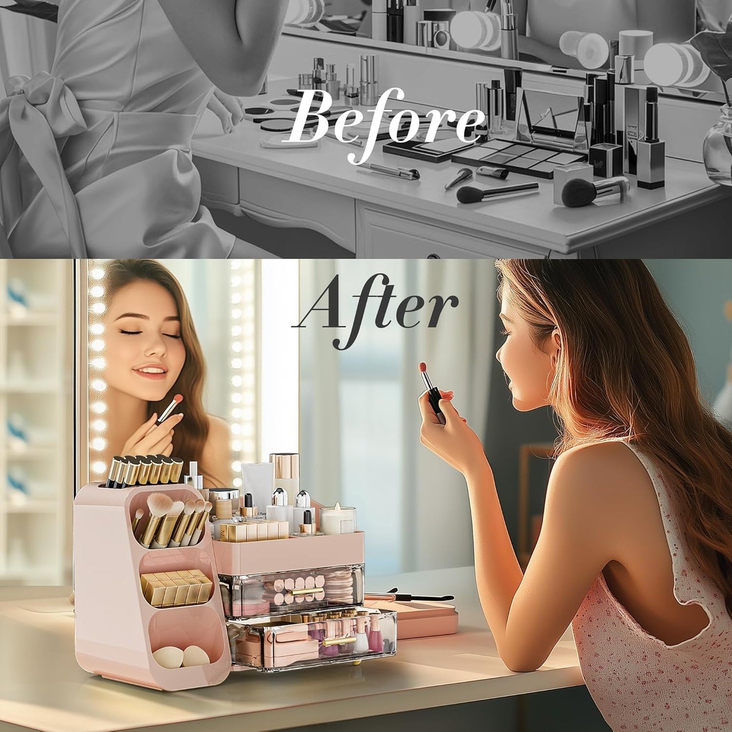 Makeup Organizer with Drawers for Vanity, Spacious Cosmetic Display Case with Makeup Brush Holder, Perfect Vanity Bathroom Organizer and Storage Solution for Skincare & Beauty Essentials, Pink