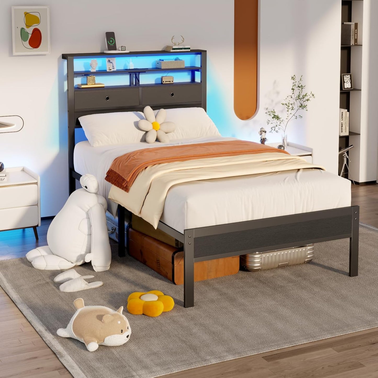 Twin Bed Frame with Integrated Charging Station and LED Lighting, Wooden Headboard Featuring Two Fabric Drawers and Storage Shelves, Twin Size Platform Design with Metal Slats, Box Spring Not Required, Black Oak Finish