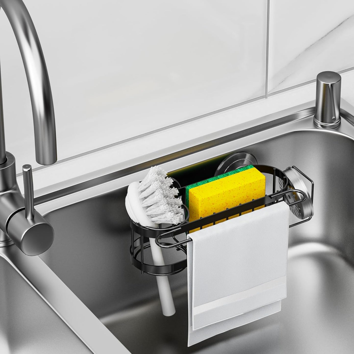 Kitchen Sink Caddy Sponge Holder in the Sink, Stainless Steel Kitchen Sink Organizer, Brush Holder, Dish Cloth Hanger, Sink Stopper Holder with 2 Installation Ways (Suction & Adhesives
