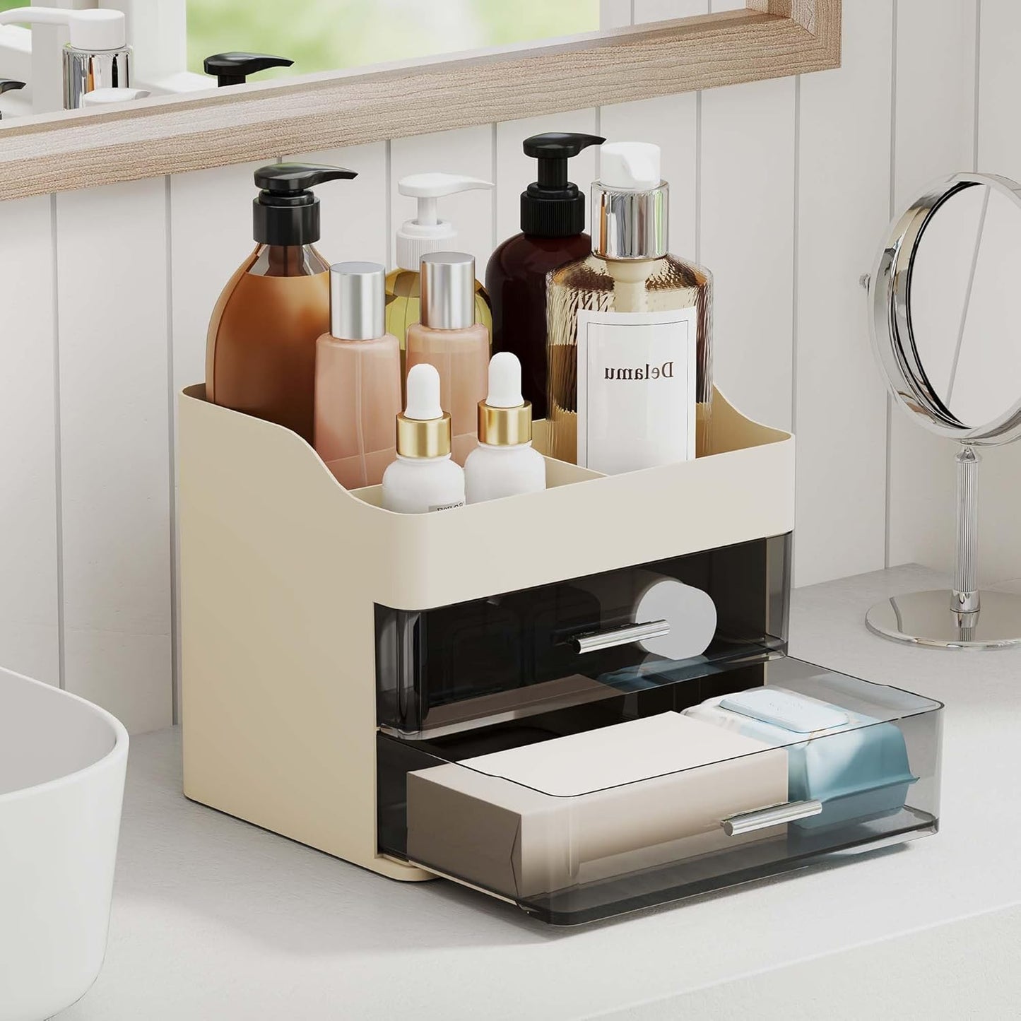 Makeup Organizer Countertop, 3-Tier Large Capacity Bathroom Counter Organizer with 2 Clear Drawers for Easy Access, Ideal for Makeup, Skincare, Lipsticks, Office Supplies, Present, Etc, Beige