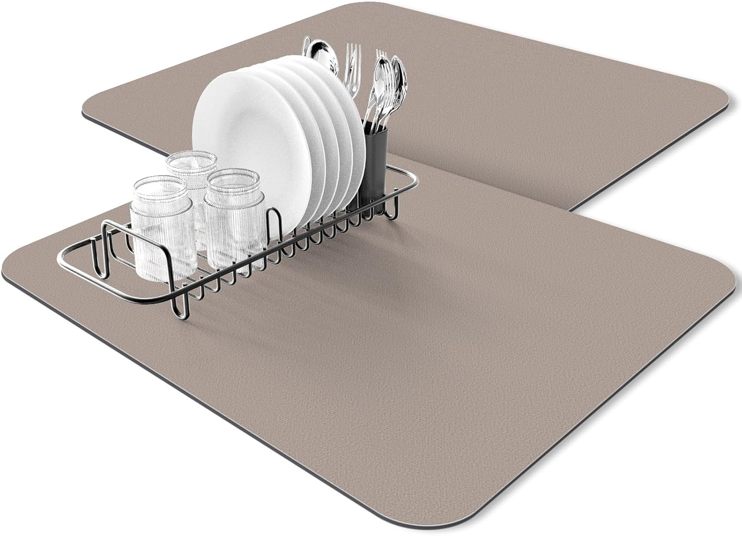 2-PACK Dish Drying Mat (15" X 18" Classic Khaki) Large Draining Mat Super Absorbent Dish Drying Mats for Kitchen Counter Rubber Backing Kitchen Drying Mat