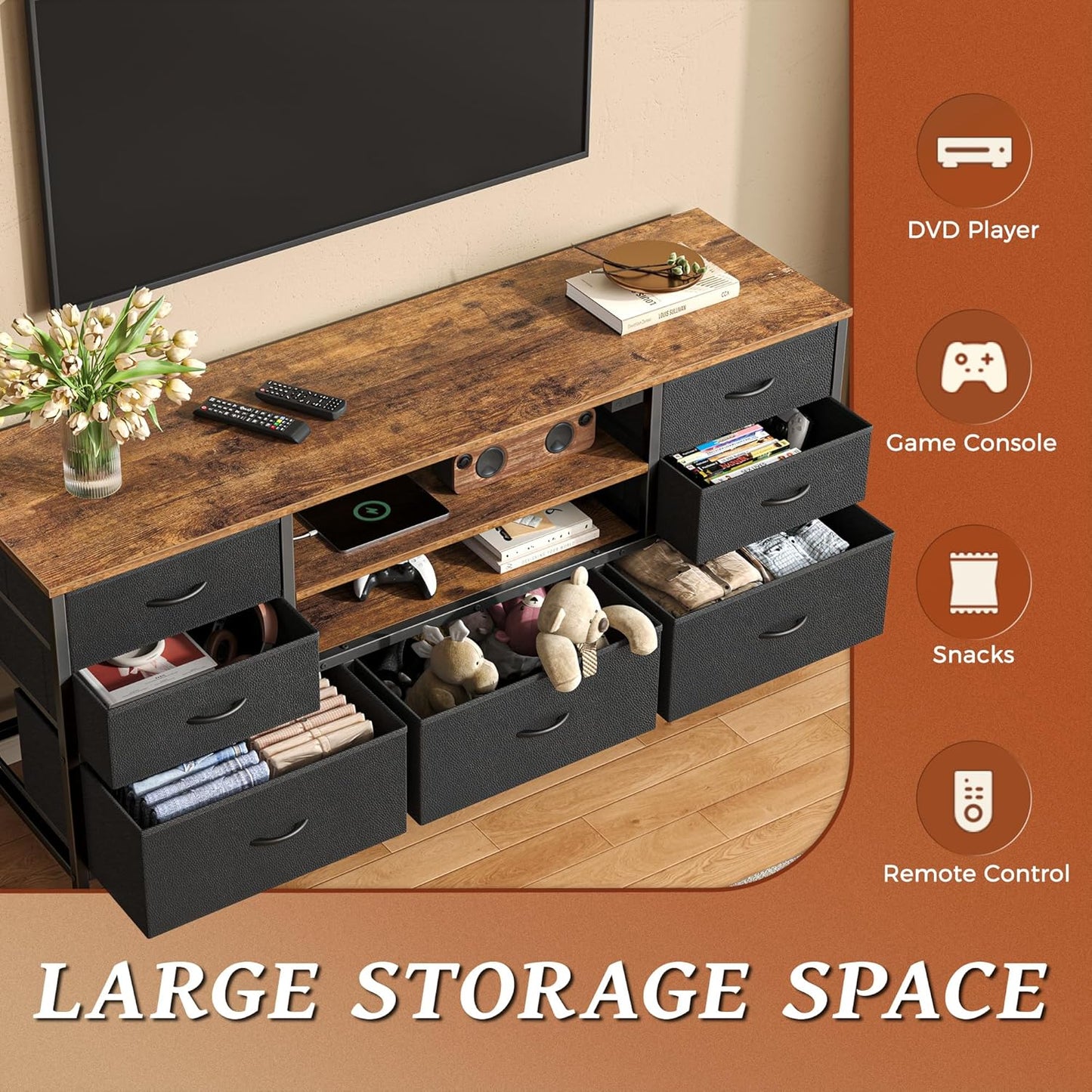 Rustic Brown and Black TV Stand Dresser with Power Outlets, LED Lighting, and 7 Drawers - 47 Inch Console