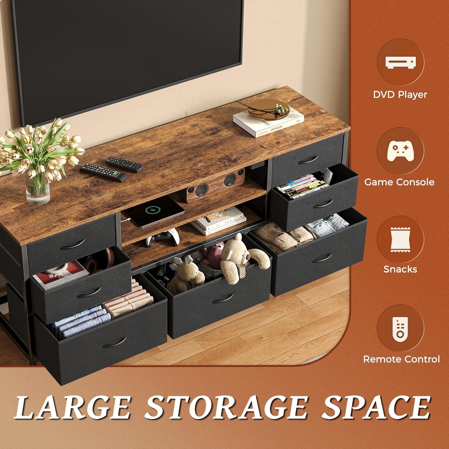 Rustic Brown and Black TV Stand Dresser with Power Outlets, LED Lighting, and 7 Drawers - 47 Inch Console