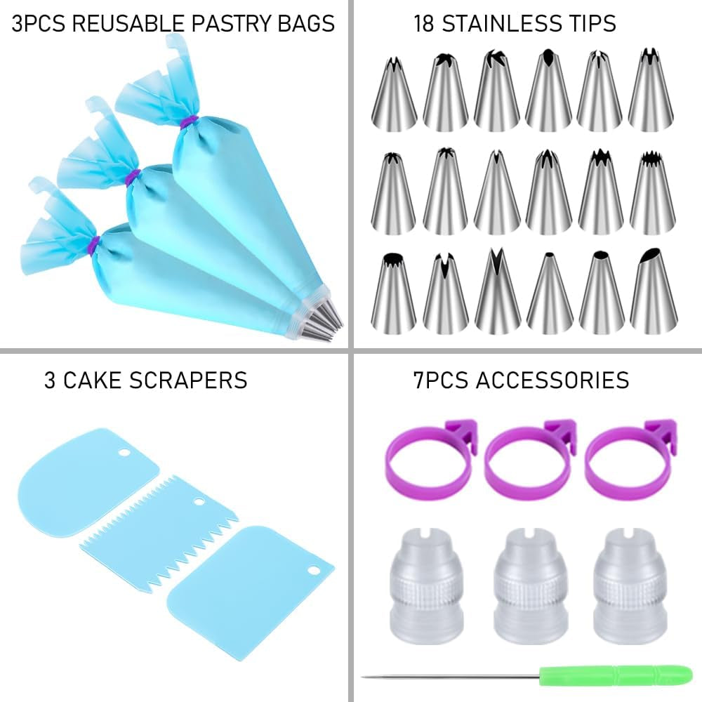 Piping Bags and Tips Set, Cakes Decorating Kit Supplies with 3 Reusable Pastry Bags, 18 Frosting Tips, 3 Couplers, 3 Bag Ties, 3 Cake Scraper, 1 Cake Decorating Tools for Cookie Icing