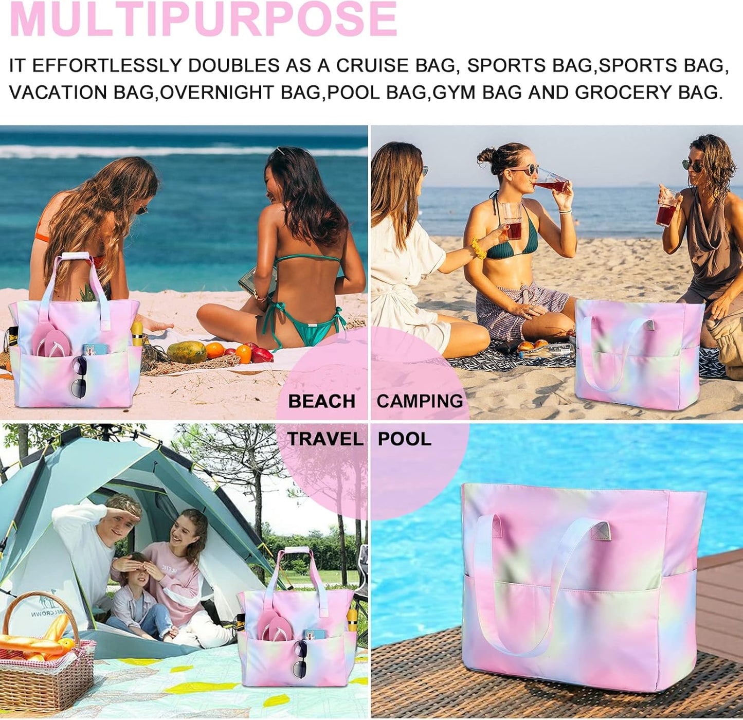 Beach Pool Bags Tote for Women Ladies Large Gym Tote Carry on Bag with Wet Compartment for Weekender Travel Waterproof