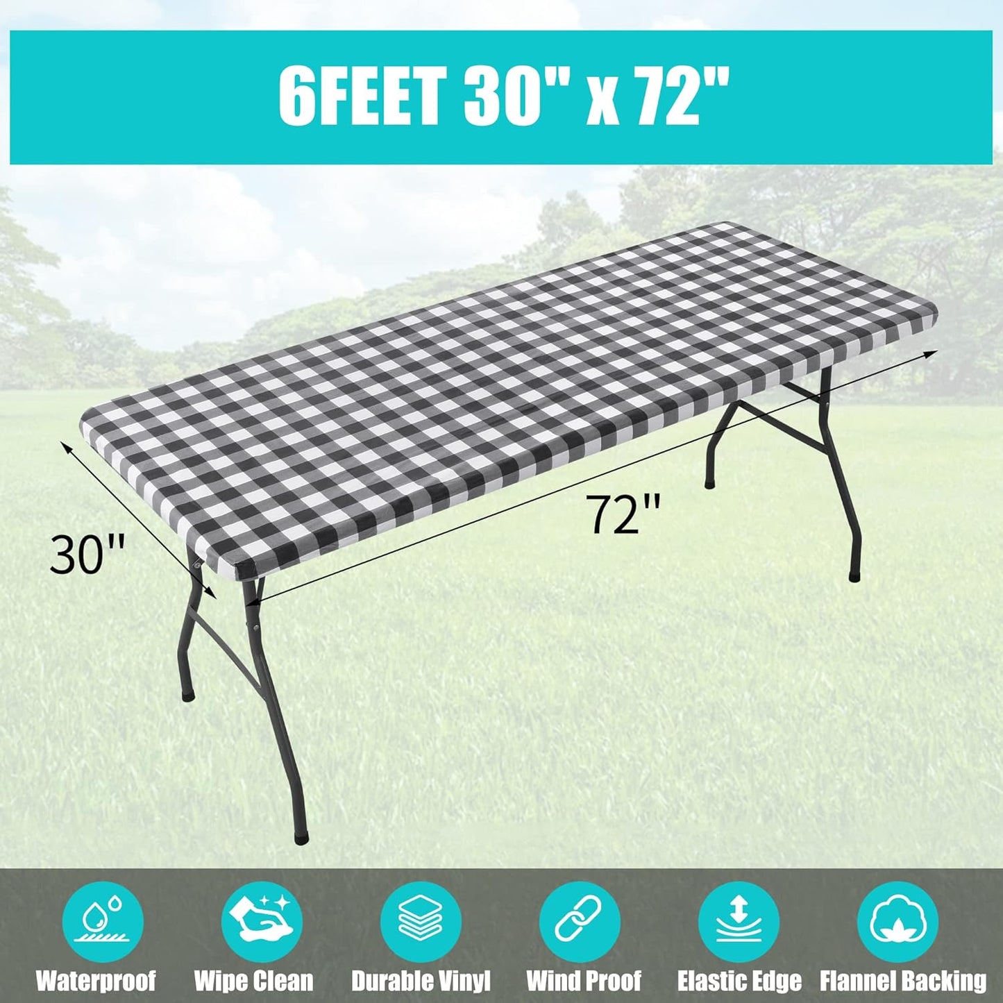 Waterproof Fitted Vinyl Tablecloth, Buffalo Plaid 6FT Table Cover and 4FT in Black and White, 2 Item Bundle